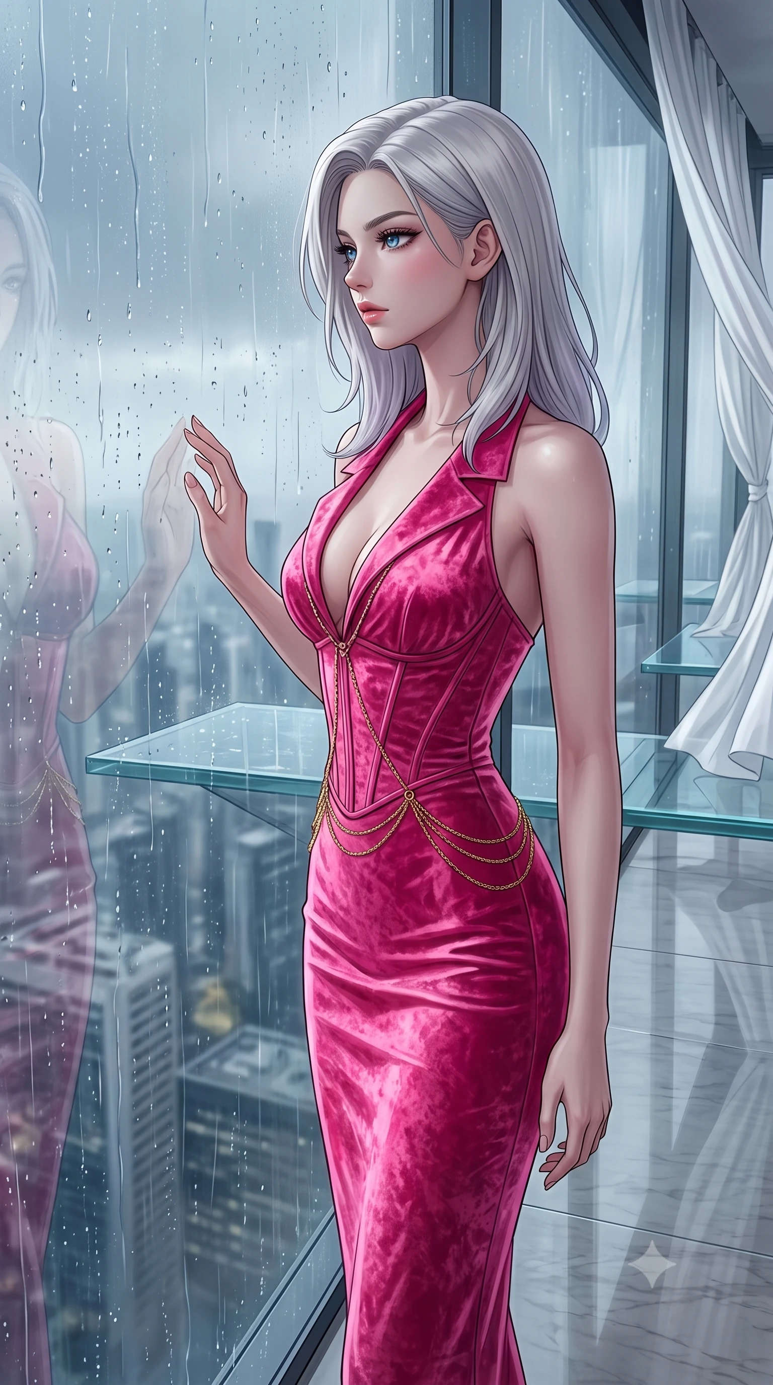 score_9, masterpiece, best quality, ultra-detailed, High-budget Anime Keyframe, Caucasian woman, strictly human ears. Low angle cowboy shot filling the entire 9:16 frame with her statuesque presence. Scenario 453: looking out at the rain through a wet glass window near a luxury sky-lounge with floating glass platforms and white silk drapes. Her presence is magnetic and overpowering in this high-budget anime scene. Outfit 453: a tailored hot pink crushed velvet corset dress featuring an elegant plunging collar and fine gold chains. The clothing is designed to emphasize her exceptionally tall and slender 8-heads proportion. 8-heads proportion, towering silhouette, ultra-slim waist. sharp v-shaped jawline, intricate jewel-like eyes with depth, thick eyelashes, glossy lips. 2k, ultra detail, master piece, 9:16 ratio