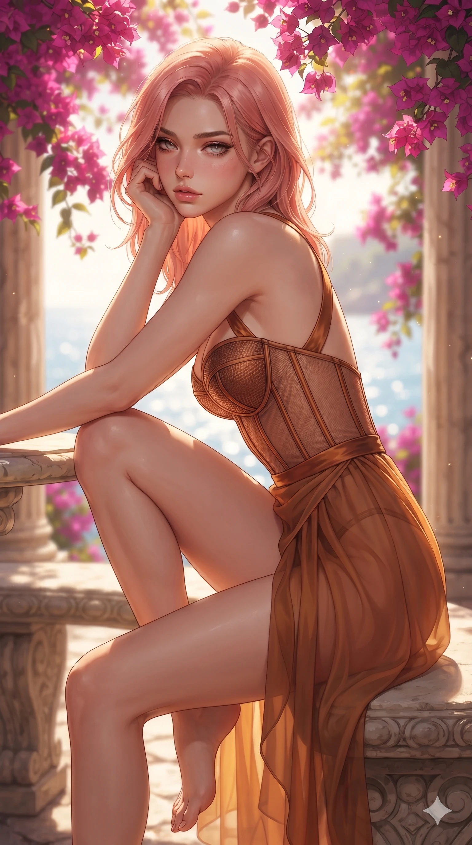 score_9, masterpiece, best quality, ultra-detailed, high-budget anime keyframe, editorial fashion photography, tasteful artistic composition, Japanese woman. close-up cowboy shot from the waist and thighs up, the character dominates the composition, filling the frame with her large presence. resting one elbow on the table and supporting her chin, leaning close to the camera with heavy-lidded sparkling eyes and parted lips while perched sideways on the stone garden bench, one knee drawn up to showcase her slender leg line while her arched back accentuates her feminine hip curve. The composition keeps background elements in soft focus with creamy bokeh: cascading clusters of vibrant magenta bougainvillea, fluted travertine columns, and sparkling sea waters below blurred into magenta, ivory, and sapphire bokeh. She has an exceptionally elegant, slender, and willowy female figure with an ultra-slim waist, flat toned midriff, narrow ribcage, and sculpted feminine hips creating an alluring, slim hourglass silhouette without bulk. sharp v-shaped jawline, high-bridge nose, intricate jewel-like eyes with depth, thick eyelashes, glossy parted lips with a natural sheen, intensely captivating and seductive bedroom-eyes expression, flawlessly proportioned anatomical accuracy, strict slender model proportions, natural body alignment, perfectly sculpted long slender limbs, ultra-slim waistline, clean dynamic posture without body distortion. wearing a provocative translucent mesh corset bodice with boned satin channels paired with a sheer chiffon wrap skirt in rich copper bronze and warm amber, woven from structured carbon-fiber jacquard with rich textural depth, finished with criss-cross back satin straps highlighting her graceful shoulder blades, the impeccably tailored cut draping gracefully along her slender figure with aristocratic poise. bathed in sun-dappled golden light filtering through vibrant magenta bougainvillea canopy. ultra-reflective glossy finish, specular highlights, rich textural contrasts, high-contrast stereoscopic depth, volumetric dynamic lighting, 2k, ultra detail, master piece, 9:16 ratio
