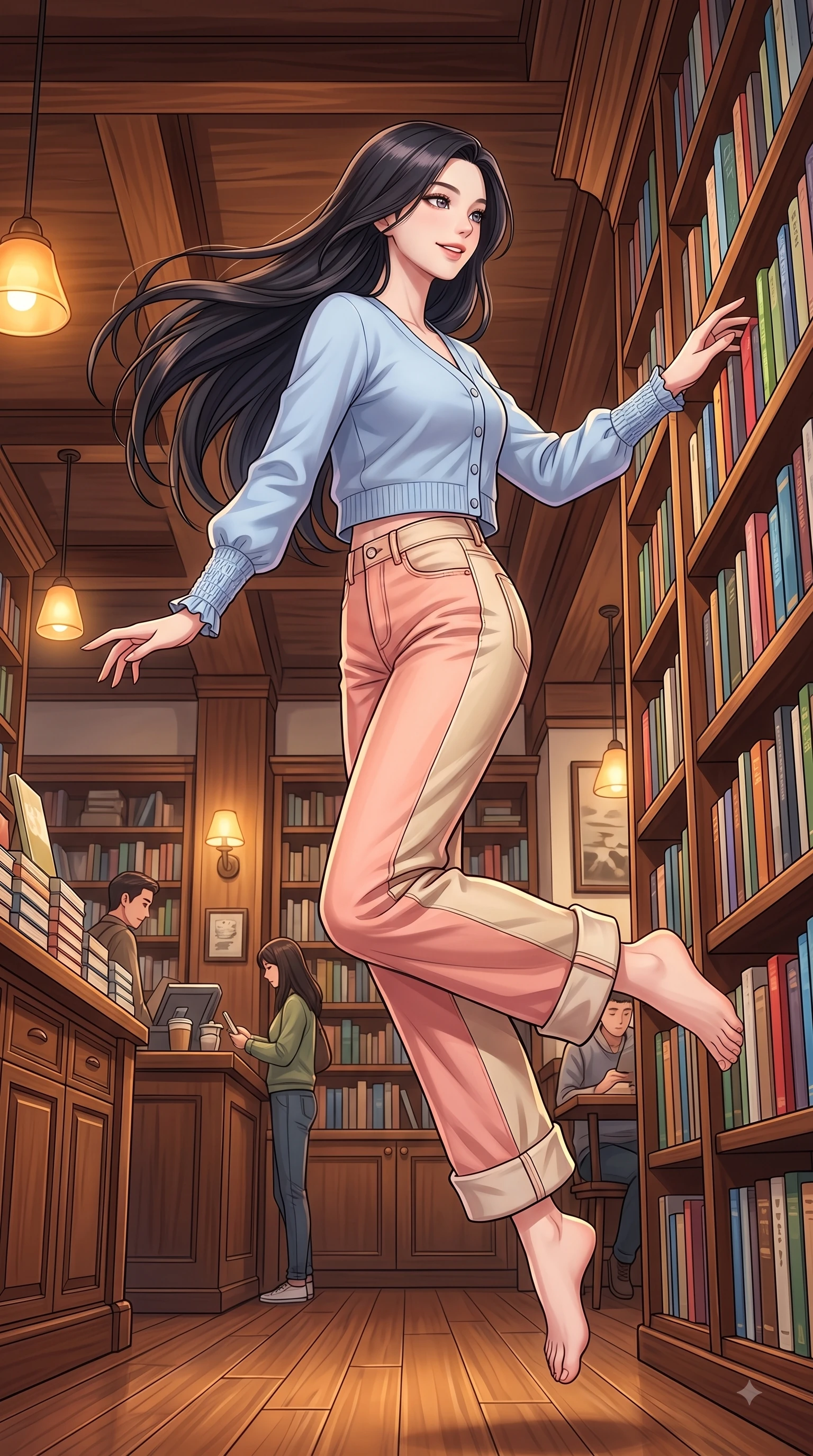 score_9, masterpiece, best quality, ultra-detailed, high-budget anime keyframe, editorial fashion photography, tasteful artistic composition, Korean woman. low angle full-body shot from head to toe showing her feet, filling the entire 9:16 vertical frame with her statuesque presence, stretching her vertical silhouette. leaping with pure youthful energy through the scene with a radiant bright smile, her long slender legs balanced gracefully while browsing tall wooden bookshelves lined with colorful volumes with a curious, gentle smile. The surrounding environment is rendered in vivid detail and crisp panoramic clarity. rich wooden interior textures and cozy coffee shop decor rendered with vivid environmental detail. She has an absolutely perfect, statuesque 8.5-heads proportion, an exceptionally tall and slender model-like female figure with impossibly long slender legs and an ultra-slim waist. sharp v-shaped jawline, high-bridge nose, intricate jewel-like eyes with depth, thick eyelashes, glossy lips with a natural sheen, flawlessly proportioned anatomical accuracy, natural body alignment, perfectly sculpted elegant limbs, clean dynamic posture without body distortion. wearing a casual chic pastel blue cropped cardigan with high-rise straight-leg denim jeans in peach blossom pink and warm oatmeal, crafted from smooth fluid silk satin, accented with soft smocked details and fluttery cuffs, the relaxed yet flattering fit accentuating her naturally graceful and slender figure. illuminated by soft glowing amber indoor lamps and warm wood reflections. highly saturated vibrant anime colors, detailed shading with soft gradients, rich glossy textures, high-contrast stereoscopic depth, volumetric dynamic lighting, master piece, 9:16 ratio