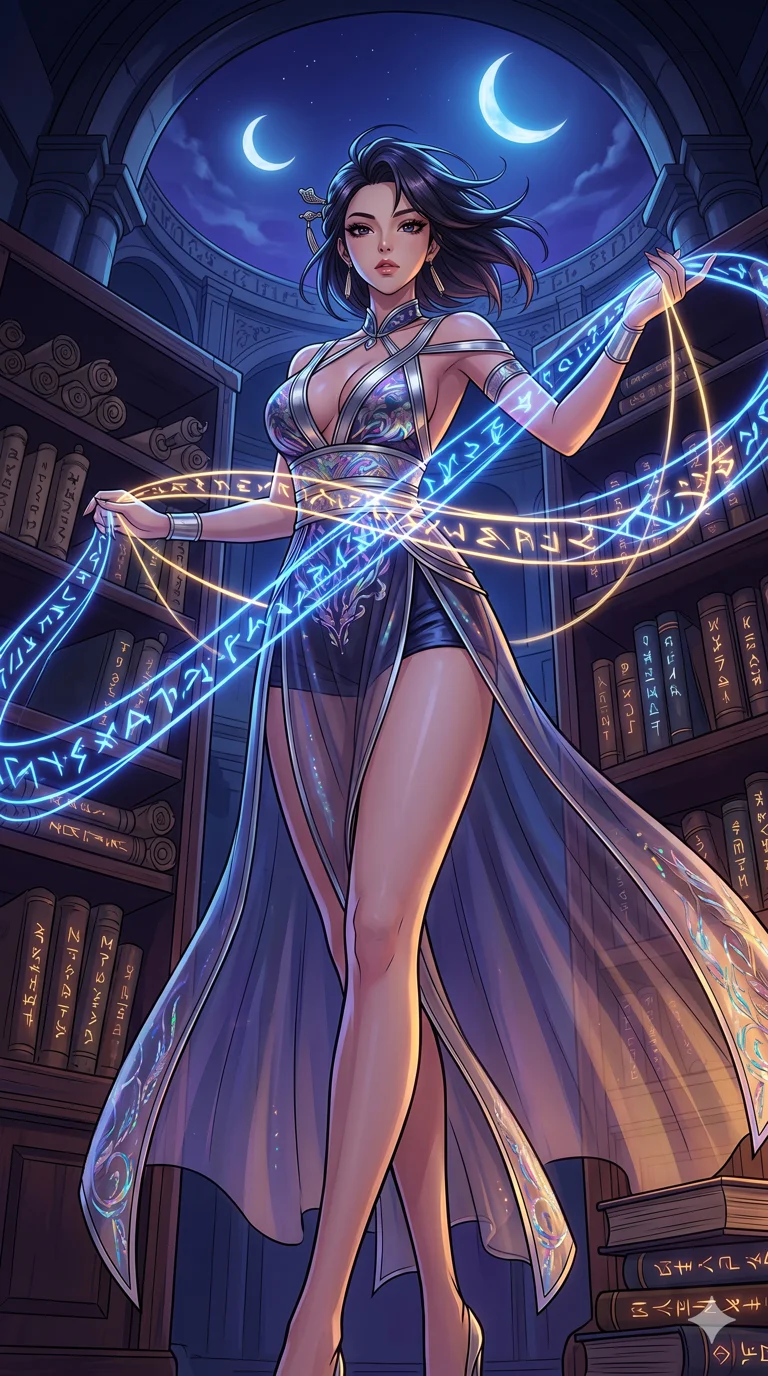 score_9, masterpiece, best quality, ultra-detailed, high-budget anime movie keyframe, cinematic anime lighting, intricate line art, Korean anime girl. Low angle cowboy shot filling the entire 9:16 frame with her statuesque presence. weaving threads of light in a ancient runic library under a twin-moon sky. She has an absolutely perfect 8-heads proportion, an exceptionally tall and slender female figure with an ultra-slim waist and impossibly long slender legs. sharp v-shaped jawline, high-bridge nose, intricate jewel-like eyes, thick eyelashes, glossy lips. Wearing modernized deep-plunging silk hanbok-fusion with metallic straps, a high-slit sheer skirt over micro-shorts, and holographic embroidered patterns. The scene is illuminated by dramatic atmospheric lighting and vibrant color palettes. 2k, ultra detail, master piece, 9:16 ratio