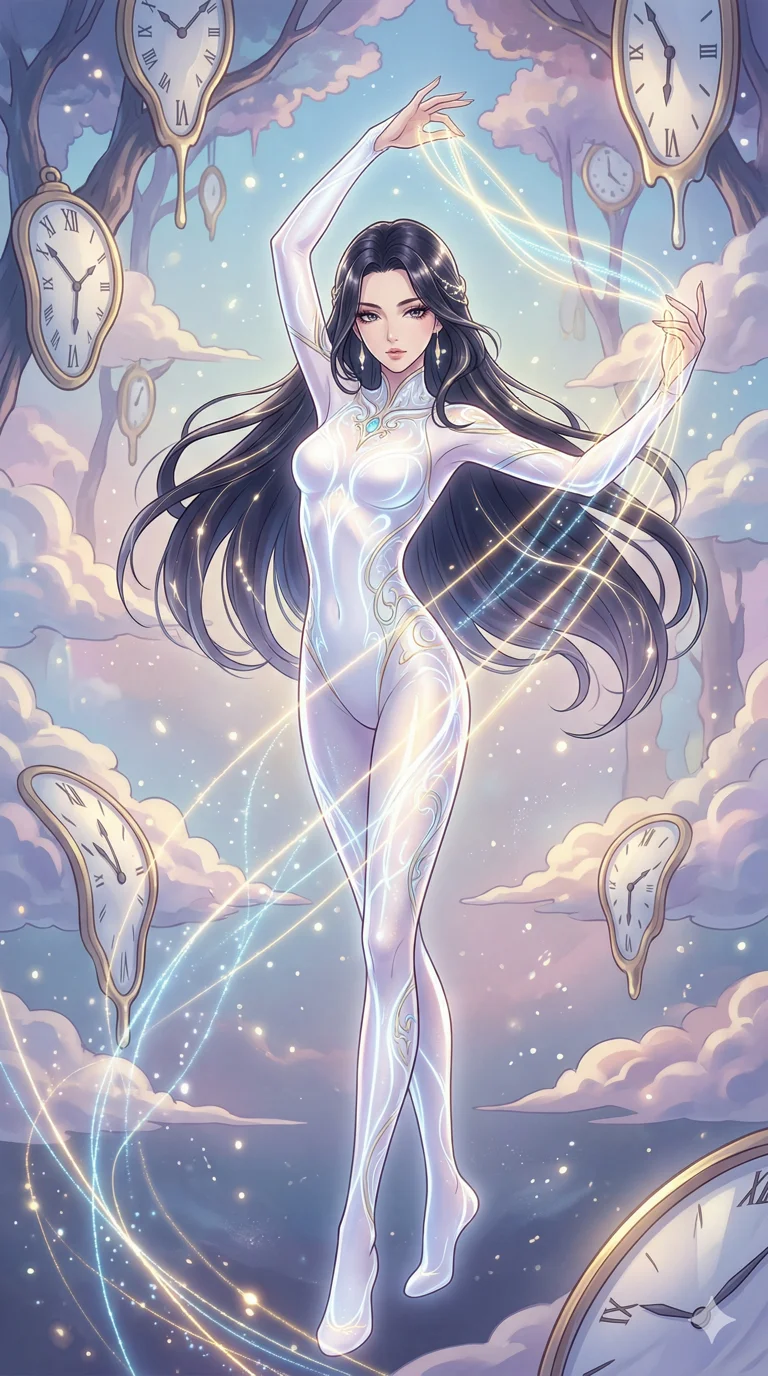score_9, masterpiece, best quality, ultra-detailed, high-budget anime keyframe, an incredibly beautiful Japanese woman. Full-body shot stretching the vertical silhouette, dominating the 9:16 frame. She is a dream weaver spinning threads of light. Her figure boasts an absolutely perfect 8-heads proportion, an exceptionally tall and slender build emphasizing a delicate skinny aesthetic. Her face is a flawless masterpiece with a sharp v-shaped jawline, high-bridge nose, expressive jewel-like eyes, thick eyelashes, and perfectly glossy lips. She is wearing a skin-tight glowing white bodysuit. A surreal landscape of melting clocks and floating clouds, soft ethereal light., 2k, ultra detail, master piece, 9:16 ratio