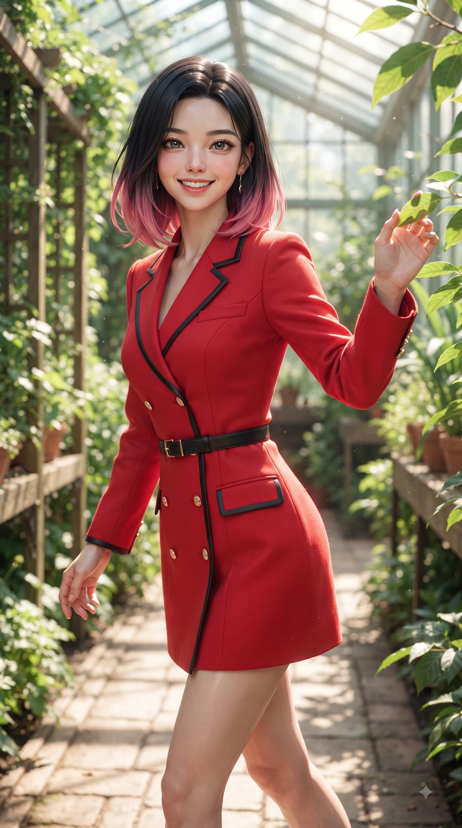 score_9, masterpiece, best quality, ultra-detailed, high-budget anime keyframe, editorial fashion photography, tasteful artistic composition, Korean woman. close-up cowboy shot from the waist and thighs up, the character dominates the composition, filling the frame with her large presence. Gazing directly into the camera with a fresh, infectious smile as her torso curves dynamically in mid-stride while reaching one arm out cheerfully to touch a sun-lit green leaf with a delightful smile. The surrounding environment is rendered in vivid detail and crisp panoramic clarity. rich emerald green plant textures and sunlit greenhouse paths rendered with high clarity. She has an exceptionally elegant, slender, and willowy female figure with an ultra-slim waist, a gracefully sculpted slender torso, and a refined silhouette. sharp v-shaped jawline, high-bridge nose, intricate jewel-like eyes with depth, thick eyelashes, glossy lips with a natural sheen, flawlessly proportioned anatomical accuracy, natural body alignment, perfectly sculpted elegant limbs, clean dynamic posture without body distortion. wearing a tailored double-breasted blazer dress with a sleek waist belt and clean lines in vibrant scarlet red and sleek black trim, knitted from soft cozy cashmere yarn, adorned with delicate gold buttons along the front, the sleek second-skin texture accentuating her magnetic presence. surrounded by a peaceful, sun-drenched, and healing greenhouse atmosphere. ultra-reflective glossy finish, specular highlights, metallic sheen, high-contrast stereoscopic depth, volumetric dynamic lighting, 2k, ultra detail, master piece, 9:16 ratio