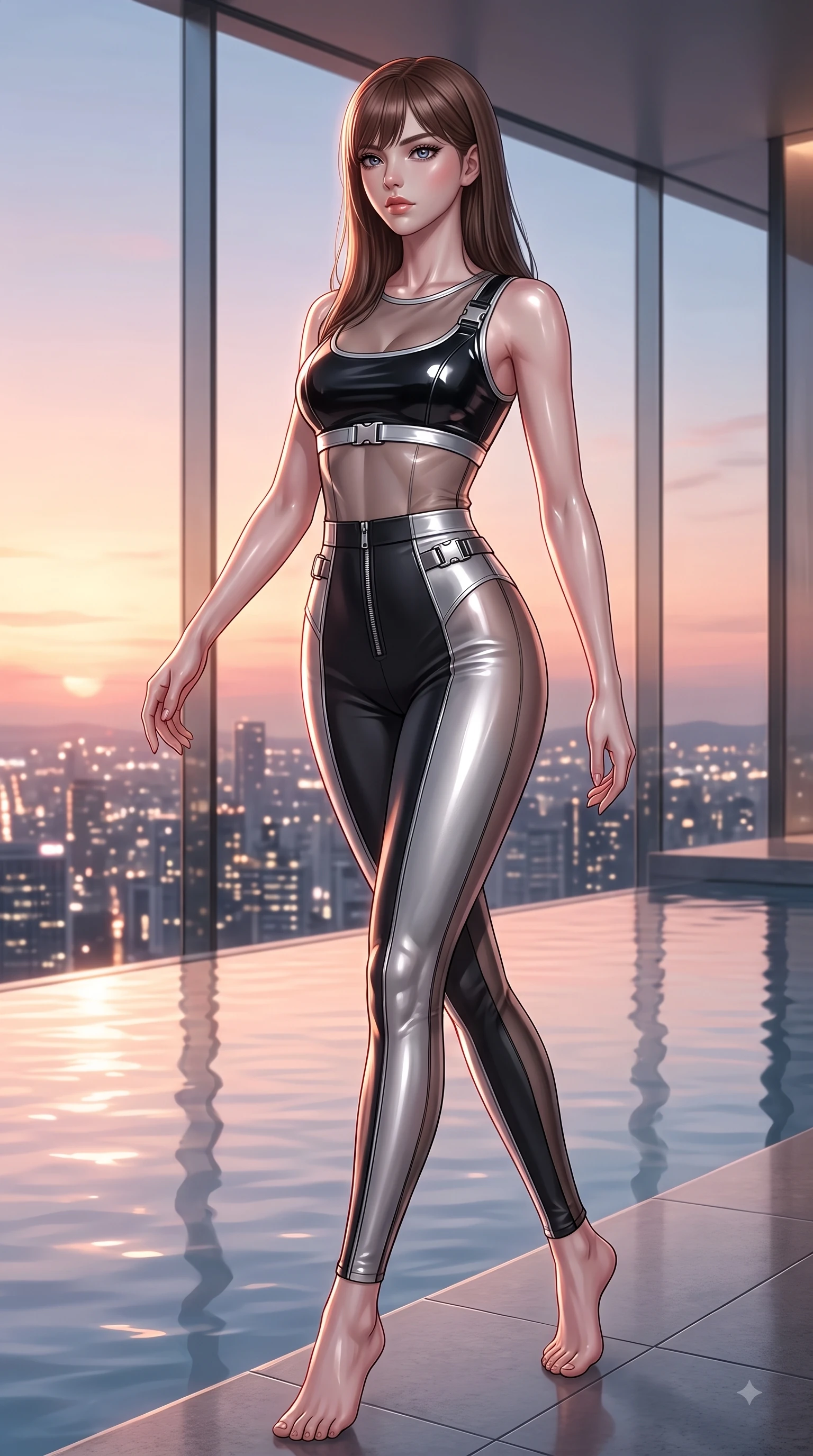 score_9, masterpiece, best quality, ultra-detailed, high-budget anime keyframe, editorial fashion photography, tasteful artistic composition, Korean woman. low angle full-body shot from head to toe showing her feet, filling the entire 9:16 vertical frame with her statuesque presence, stretching her vertical silhouette. forging dynamically through the scene with her long slender legs and ultra-slim waist creating a sweeping curve while pivoting gracefully beside an infinity reflecting pool at sunset as warm rose-gold sky light traces her form, glistening city lights twinkling softly through floor-to-ceiling glass in the background. She has an absolutely perfect, statuesque 8.5-heads proportion, an exceptionally tall and slender model-like female figure with impossibly long slender legs and an ultra-slim waist. sharp v-shaped jawline, high-bridge nose, intricate jewel-like eyes with depth, thick eyelashes, glossy lips with a natural sheen, flawlessly proportioned anatomical accuracy, natural body alignment, perfectly sculpted elegant limbs, clean dynamic posture without body distortion. wearing a glossy vinyl crop top and high-waist tailored leggings with sleek zippers in matte black and polished silver, woven from fine semi-opaque sheer organza, detailed with polished silver buckles along the waistline, the elegant draped fit framing her graceful clavicle and slender torso. surrounded by a cozy, intimate glow with smooth high-contrast stereoscopic depth. ultra-reflective glossy finish, specular highlights, metallic sheen, high-contrast stereoscopic depth, volumetric dynamic lighting, 2k, ultra detail, master piece, 9:16 ratio