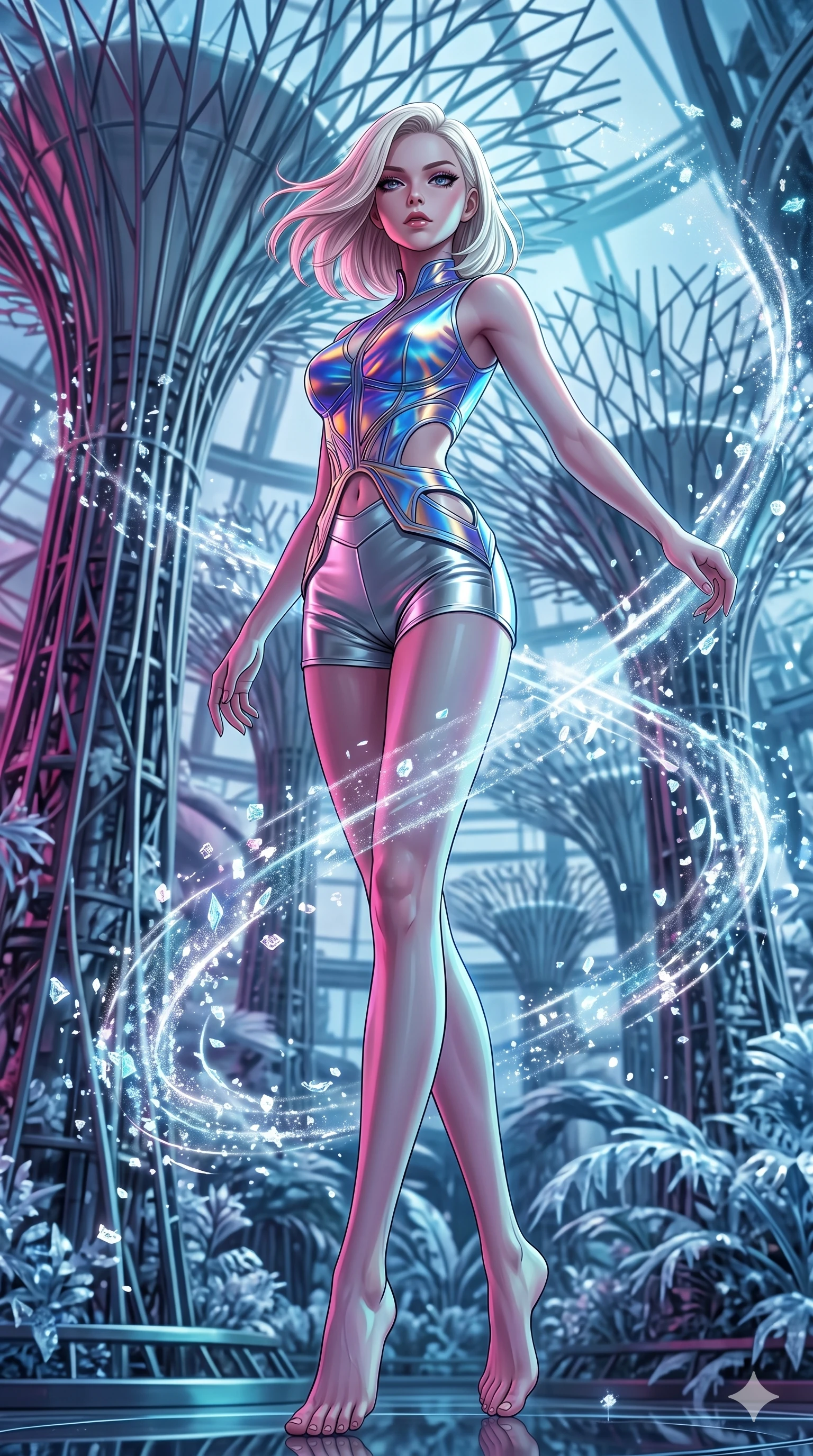 score_9, masterpiece, best quality, ultra-detailed, high-budget anime keyframe, editorial fashion photography, tasteful artistic composition, Caucasian woman, strictly human ears. low angle full-body shot from head to toe showing her feet, filling the entire 9:16 vertical frame with her statuesque presence, stretching her vertical silhouette. spinning in the center of through a futuristic botanical garden with towering artificial metal trees while delicate glowing ice crystals scatter in a glittering vortex. She has an absolutely perfect 8-heads proportion, an exceptionally tall and slender female figure with impossibly long slender legs and an ultra-slim waist. V-shaped jawline, high-bridge nose, intricate jewel-like eyes with depth, thick eyelashes, glossy lips with a natural sheen.. wearing a holographic liquid silk vest and silver metallic high-waist fitted shorts, featuring a architectural waist window detail and form-fitting silhouette. accented by dynamic color-blocked lighting with high-contrast shadows emphasizing her statuesque height. 2k, ultra detail, master piece, 9:16 ratio