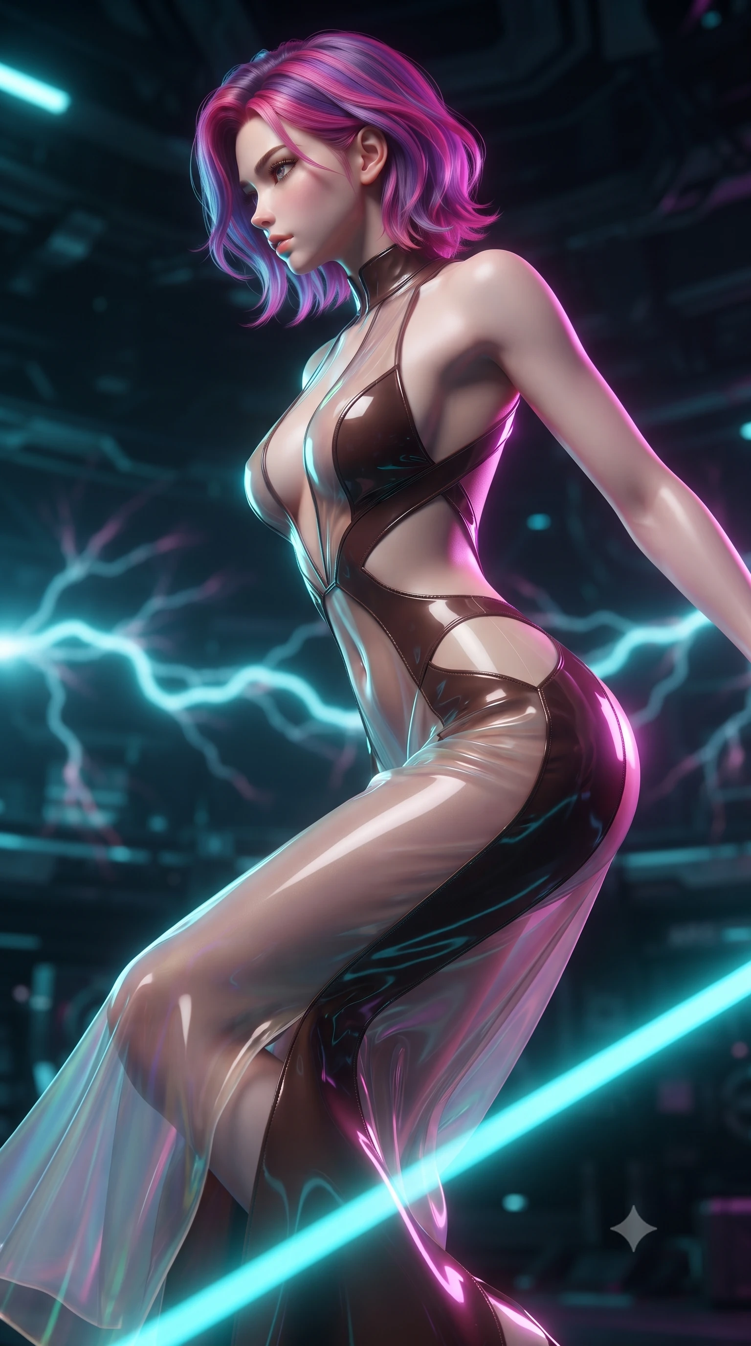 score_9, masterpiece, best quality, ultra-detailed, high-budget anime keyframe, editorial fashion photography, tasteful artistic composition, Caucasian woman. close-up cowboy shot from the waist and thighs up, the character dominates the composition, filling the frame with her large presence, background elements kept in soft focus. Turning her face in sharp profile while her upper body leans forward with poised athletic grace while balancing dynamically on a high-tension cyan laser wire in a dark cybernetic arena, glowing plasma arcs pulsating rhythmically in the background atmosphere. She has an exceptionally elegant, slender, and willowy female figure with an ultra-slim waist, a gracefully sculpted slender torso, and a refined silhouette. sharp v-shaped jawline, high-bridge nose, intricate jewel-like eyes with depth, thick eyelashes, glossy lips with a natural sheen, flawlessly proportioned anatomical accuracy, natural body alignment, perfectly sculpted elegant limbs, clean dynamic posture without body distortion. wearing a translucent iridescent chiffon gown with a plunging neckline and open back in espresso brown and warm cream, tailored from high-gloss patent leather, featuring subtle geometric cutouts that highlight her ultra-slim midriff, the tailored fabric tightly following every curve of her athletic build. bathed in brilliant neon cyan and magenta rim light with clean white key light. ultra-reflective glossy finish, specular highlights, metallic sheen, high-contrast stereoscopic depth, volumetric dynamic lighting, 2k, ultra detail, master piece, 9:16 ratio
