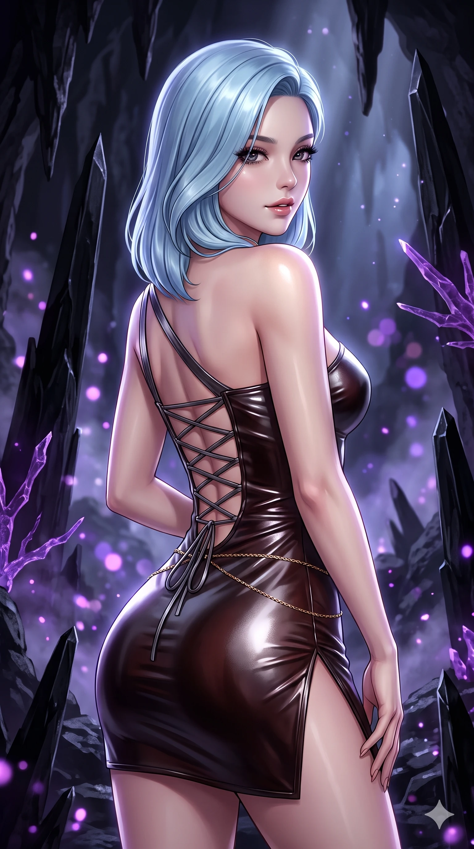 score_9, masterpiece, best quality, ultra-detailed, high-budget anime keyframe, semi-realistic 3D game render, editorial fashion photography, tasteful artistic composition, Korean woman. close-up cowboy shot from the waist and thighs up, the character dominates the composition, filling the frame with her large presence. posing in an alluring rear three-quarter angle, turning over a bare shoulder with an intoxicating, smoldering gaze while twisting her slender torso in an alluring S-curve between jagged obsidian spires, purple bioluminescence illuminating her flat midriff and hips. The background shows a soft-focus towering black obsidian needle monoliths, branching violet crystal veins, and subterranean mist blurred into amethyst, violet, and obsidian bokeh. She has an exceptionally elegant, slender, and willowy female figure with an ultra-slim waist, flat toned midriff, narrow ribcage, and sculpted feminine hips creating an alluring, slim hourglass silhouette without bulk. sharp v-shaped jawline, high-bridge nose, intricate jewel-like dark sparkling eyes with hypnotic seductive depth, thick curled eyelashes, glossy parted lips with a natural wine sheen, alluring bedroom-eyes with an enigmatic smoldering smile, exuding magnetic sovereign charisma and dark avant-garde glamour, flawlessly proportioned anatomical accuracy, strict slender model proportions, natural body alignment, perfectly sculpted long slender limbs, ultra-slim waistline, clean dynamic posture without body distortion. wearing an asymmetric one-shoulder metallic patent leather mini dress with a dramatic side slit hugging her hips in dark mahogany and brushed gunmetal, featuring fine criss-cross satin back lacing tracing her slender spine, accented with a dainty gold belly chain resting across her flat midriff and curving hips, contouring every curve with an exceptionally elegant silhouette and captivating allure. lit by cold silver beams and violet crystal luminescence cutting through pitch-black subterranean darkness. highly saturated vibrant anime colors, detailed shading with soft gradients, rich glossy textures, high-contrast stereoscopic depth, volumetric dynamic lighting, master piece, 9:16 ratio