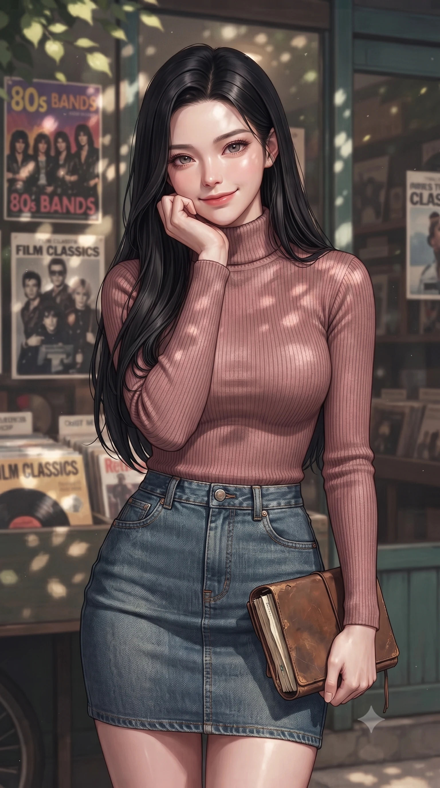 score_9, masterpiece, best quality, ultra-detailed, high-budget anime keyframe, editorial fashion photography, tasteful artistic composition, Korean woman. close-up cowboy shot from the waist and thighs up, the character dominates the composition, filling the frame with her large presence, background elements kept in soft focus. smiling cutely while resting her chin on her hand, looking directly into the lens set against a soft-focus background of in front of a vintage vinyl record shop with retro music posters in the window holding a classic leather notebook bought from the stationery shop. She has an exceptionally elegant, slender, and willowy female figure with an ultra-slim waist, a gracefully sculpted slender torso, and a refined silhouette. sharp v-shaped jawline, high-bridge nose, intricate jewel-like eyes with depth, thick eyelashes, glossy lips with a natural sheen. wearing slim-fit form-fitting ribbed knit turtleneck in dusty rose, tucked into a slim denim pencil skirt. dappled sunlight casting soft leaf shadows on the shop walls and her skin. ultra-reflective glossy finish, specular highlights, metallic sheen, high-contrast stereoscopic depth, volumetric dynamic lighting, 2k, ultra detail, master piece, 9:16 ratio