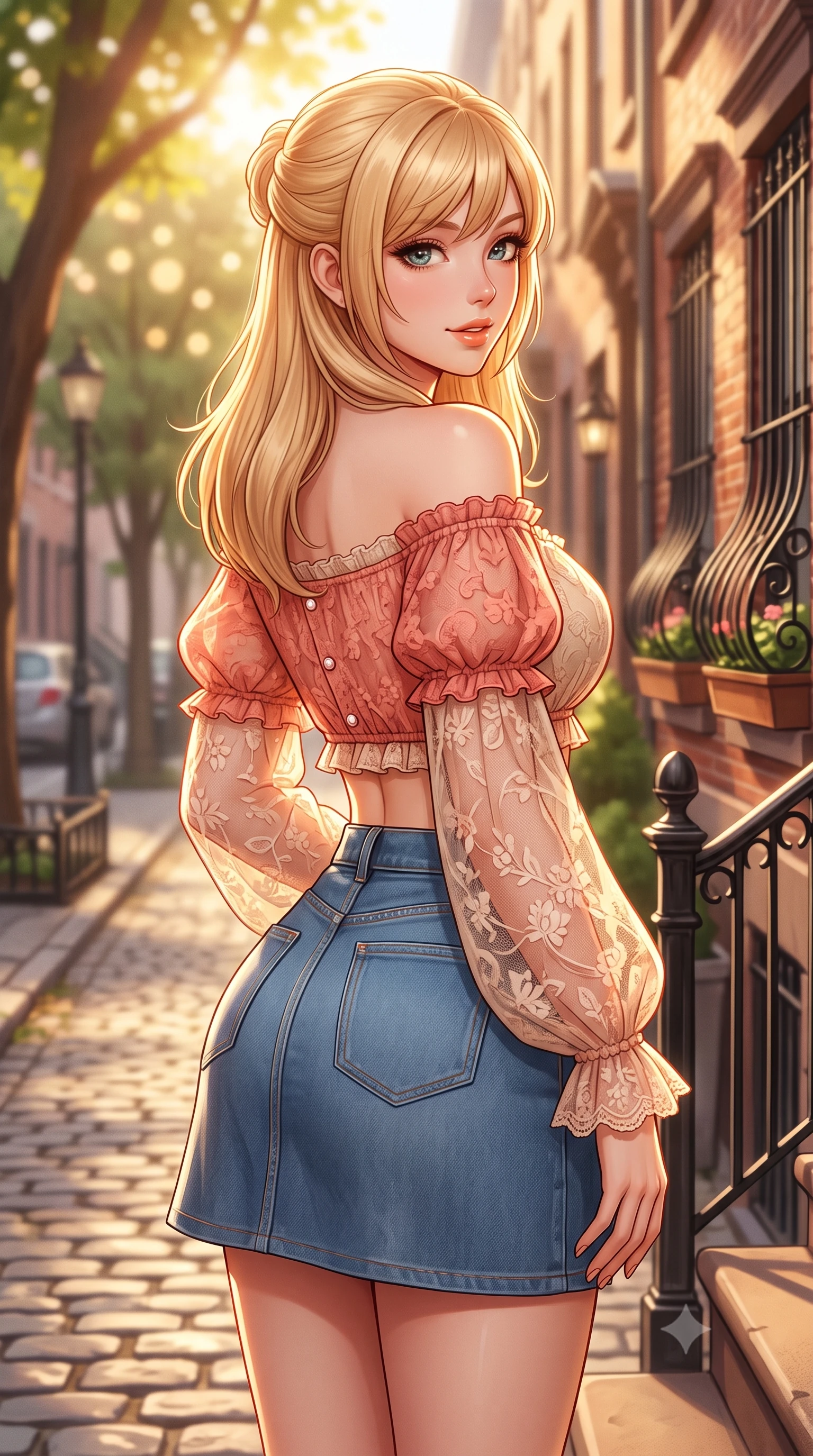 score_9, masterpiece, best quality, ultra-detailed, high-budget anime keyframe, semi-realistic 3D game render, editorial fashion photography, tasteful artistic composition, Caucasian woman. close-up cowboy shot from the waist and thighs up, the character dominates the composition, filling the frame with her large presence. posing in an alluring rear three-quarter angle, turning over a bare shoulder with an intoxicating cute smile, her hips cocked back to highlight her slim hourglass curve while standing poised at the top of the stoop, twisting her slender torso in an alluring S-curve as afternoon sunlight filters through tree-lined streets. The composition keeps background elements in soft focus with dreamy creamy bokeh. quaint cobblestone streets and wrought-iron window boxes softened in cinematic editorial shallow focus. She has an exceptionally elegant, slender, and willowy female figure with an ultra-slim waist, flat toned midriff, narrow ribcage, and sculpted feminine hips creating an alluring, slim hourglass silhouette without bulk. sharp v-shaped jawline, high-bridge nose, intricate jewel-like sparkling eyes with depth, thick eyelashes, glossy parted lips with a natural peach sheen, bright cheerful beaming smile with an enchanting and coquettish sensual glint, exuding both youthful cute charm and seductive allure, flawlessly proportioned anatomical accuracy, strict slender model proportions, natural body alignment, perfectly sculpted long slender limbs, ultra-slim waistline, clean dynamic posture without body distortion. wearing an off-shoulder puff-sleeve crop blouse with a tight high-waisted denim A-line mini skirt emphasizing her curvy hips in warm coral pink and soft oatmeal beige, made of sheer contouring stretch lace with delicate floral patterns, finished with subtle ruffle trims and delicate pearl buttons, the high-waisted tailoring accentuating her ultra-slim waistline and the enchanting curve of her feminine hips with alluring charm. bathed in warm, golden afternoon sunlight streaming down the historic tree-lined street. highly saturated vibrant anime colors, detailed shading with soft gradients, rich glossy textures, high-contrast stereoscopic depth, volumetric dynamic lighting, master piece, 9:16 ratio