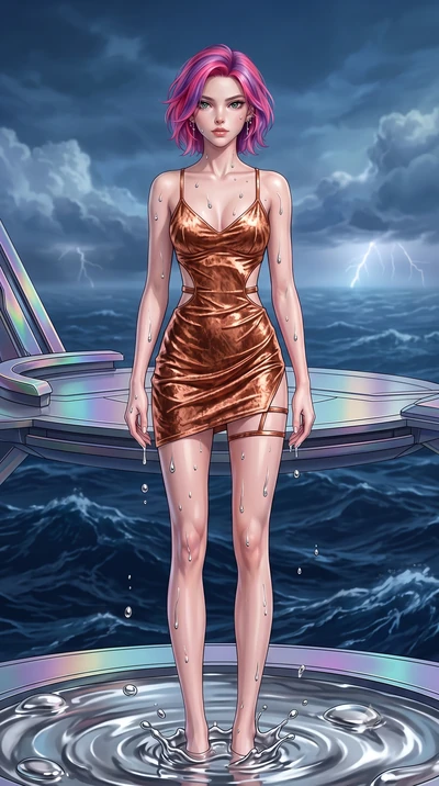 score_9, masterpiece, best quality, ultra-detailed, High-budget Anime Keyframe, Caucasian woman, strictly human ears. Dynamic full-body shot stretching the vertical silhouette to the limit. Scenario 481: rising from a pool of mercury-like liquid, dro