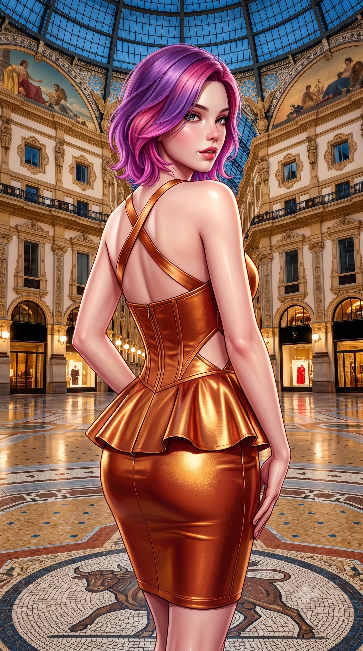 score_9, masterpiece, best quality, ultra-detailed, high-budget anime keyframe, semi-realistic 3D game render, editorial fashion photography, tasteful artistic composition, Caucasian woman. close-up cowboy shot from the waist and thighs up, the character dominates the composition, filling the frame with her large presence. turning over a bare shoulder with an intoxicating, teasing smile, her soft hair framing her sharp jawline as her hips angle gracefully while pausing at the center of the famous mosaic bull floor with hips cocked back, glancing over a bare shoulder with an audacious, haute-couture smile. The surrounding environment is rendered in vivid detail and crisp panoramic clarity. sharp marble mosaic floor tesserae, iron roof truss rivets, and neoclassical facade moldings in deep focus. She has an exceptionally elegant, slender, and willowy female figure with an ultra-slim waist, flat toned midriff, narrow ribcage, and sculpted feminine hips creating an alluring, slim hourglass silhouette without bulk. sharp v-shaped jawline, high-bridge nose, intricate jewel-like eyes with depth, thick eyelashes, glossy parted lips with a natural sheen, intensely captivating and seductive bedroom-eyes expression, flawlessly proportioned anatomical accuracy, strict slender model proportions, natural body alignment, perfectly sculpted long slender limbs, ultra-slim waistline, clean dynamic posture without body distortion. wearing a modern peplum corset dress with side-waist diamond cutouts and an ultra-tight silhouette in molten desert gold and burnt terracotta, crafted from luxurious metallic lamé that shifts radiance with every step, finished with criss-cross back satin straps highlighting her graceful shoulder blades, the glove-like aerodynamic silhouette tightly following the natural contour of her hips and long slender legs with statuesque 8.5-heads elegance. bathed in soft architectural boutique spotlighting contrasting with cool midnight skylight through the glass dome. highly saturated vibrant anime colors, detailed shading with soft gradients, rich glossy textures, high-contrast stereoscopic depth, volumetric dynamic lighting, master piece, 9:16 ratio