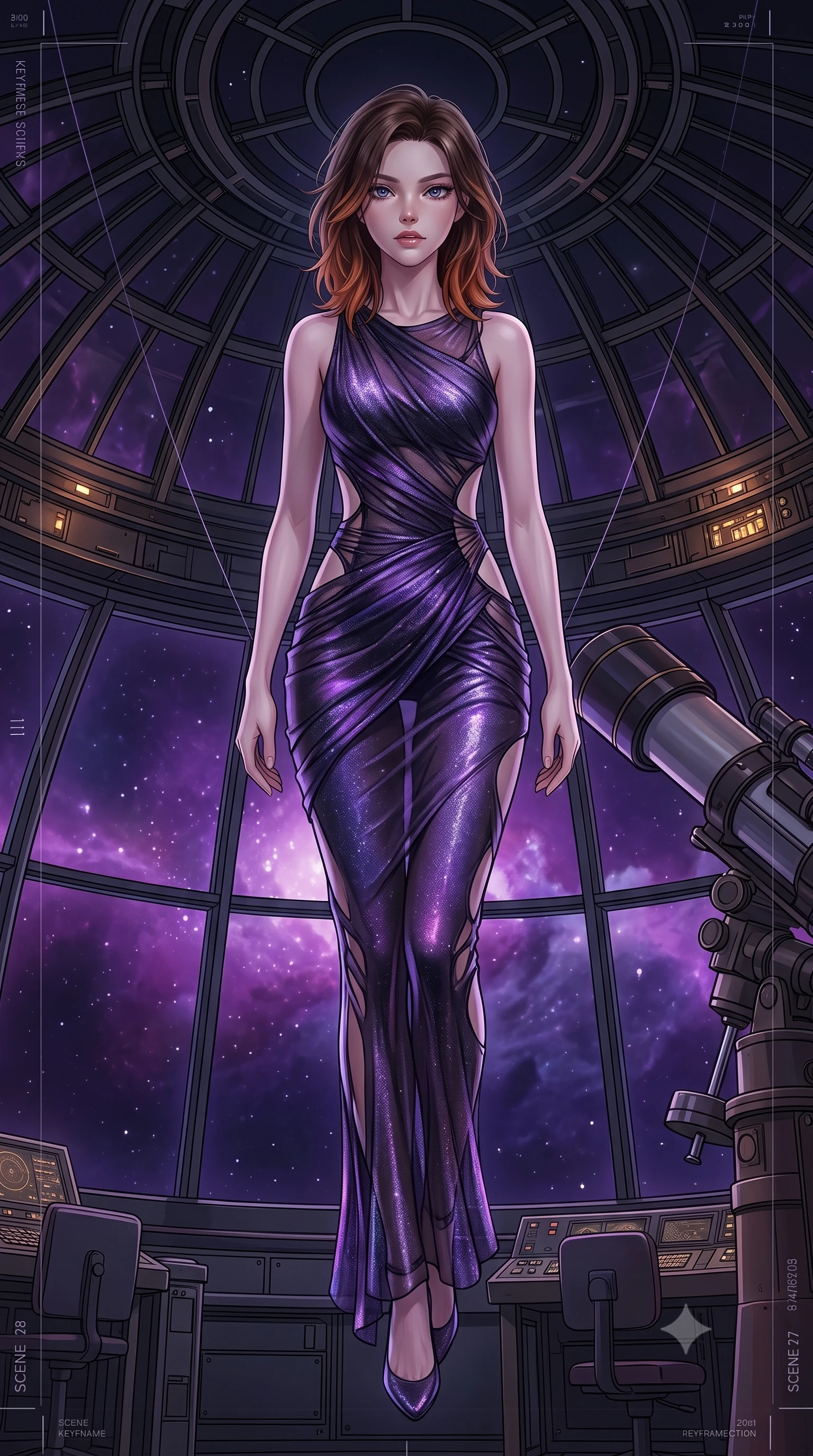 score_9, masterpiece, best quality, ultra-detailed, High-budget Anime Keyframe, East Asian woman. Low angle cowboy shot filling the entire 9:16 frame with her statuesque presence. Scenario 356: suspended by invisible silk threads inside a high-altitude observatory dome under a swirling violet nebula. Her presence is magnetic and overpowering in this high-budget anime scene. Outfit 356: a body-hugging shimmering chiffon bare with a strategic side cut-outs and tight-fitting silhouette. The clothing is designed to emphasize her exceptionally tall and slender 8-heads proportion. 8-heads proportion, towering silhouette, ultra-slim waist. sharp v-shaped jawline, intricate jewel-like eyes with depth, thick eyelashes, glossy lips. 2k, ultra detail, master piece, 9:16 ratio
