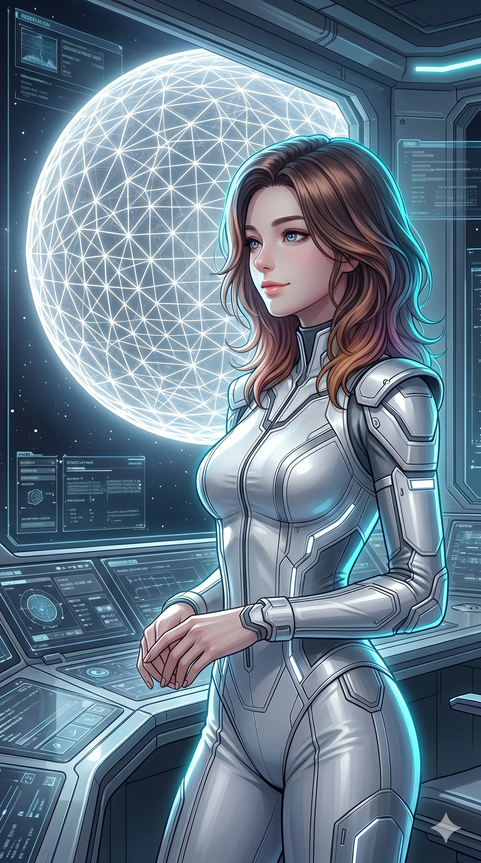 score_9, masterpiece, best quality, ultra-detailed, high-budget anime keyframe, Korean woman. Upper body close-up from the thighs up, character filling the screen for maximum presence. Inside a virtual reality observation deck, looking at a grid moon, looking at the moon with a serene, peaceful expression. She is wearing a sleek white and silver jumpsuit with structured shoulder panels. The scene is bathed in the cool white light of the grid moon and a cyan rim light. 2k, ultra detail, master piece, 9:16 ratio