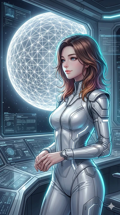 score_9, masterpiece, best quality, ultra-detailed, high-budget anime keyframe, Korean woman. Upper body close-up from the thighs up, character filling the screen for maximum presence. Inside a virtual reality observation deck, looking at a grid moon