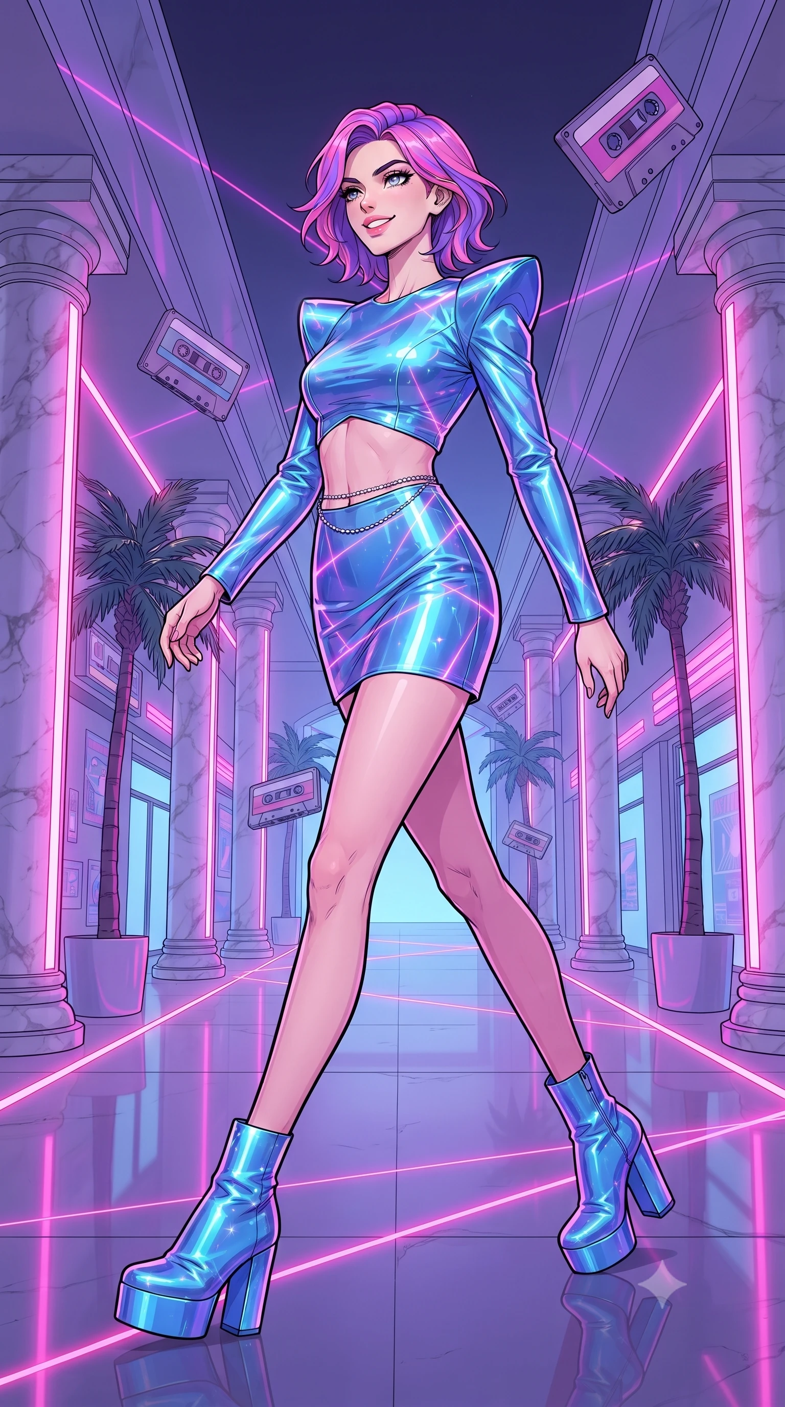 score_9, masterpiece, best quality, ultra-detailed, high-budget anime keyframe, editorial fashion photography, tasteful artistic composition, gorgeous anime illustration, with clean line-art, distinct ink outlines, and high-contrast stereoscopic depth, Caucasian woman, strictly human ears. low angle full-body shot from head to toe showing her feet, filling the entire 9:16 vertical frame with her statuesque presence, stretching her vertical silhouette. striding with confident, cheerful determination through inside a retro-themed shopping arcade with marble pillars, neon-pink lights, potted palm trees, and floating cassette tape sculptures. She has a statuesque 8.5-heads proportion, an exceptionally tall, slender and willowy model-like build with impossibly long legs and a highly sculpted ultra-slim waist. sharp v-shaped jawline, high-bridge nose, intricate jewel-like eyes with depth, thick eyelashes, glossy lips with a natural sheen. wearing a holographic mini dress in electric blue, featuring structured shoulder pads, an exposed midriff, and a silver waist chain. laser lines of violet and hot pink reflecting off surfaces casting geometric neon highlights. 2k, ultra detail, master piece, 9:16 ratio, highly saturated vibrant anime colors, detailed cel-shading with soft gradients, rich glossy textures, deep contrast, volumetric dynamic lighting, 2d animation style