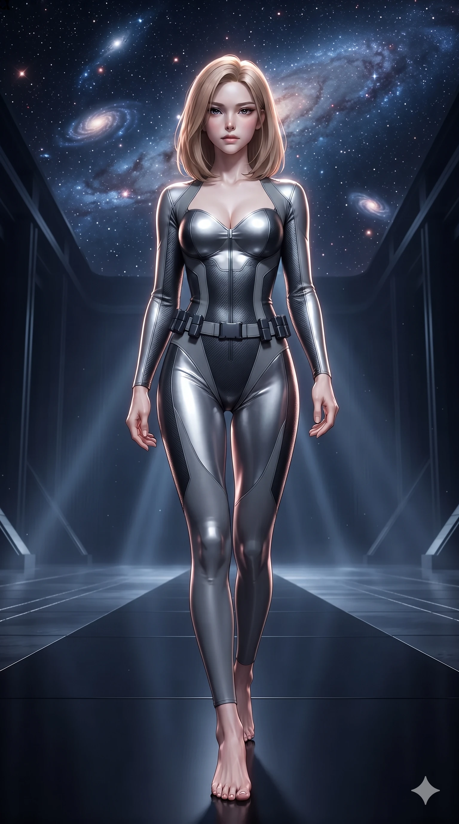 score_9, masterpiece, best quality, ultra-detailed, high-budget anime keyframe, editorial fashion photography, tasteful artistic composition, Korean woman. low angle full-body shot from head to toe showing her feet, filling the entire 9:16 vertical frame with her statuesque presence, stretching her vertical silhouette. stepping forward in a confident stride along the catwalk, her long slender legs and curvaceous hips creating a dynamic, sweeping vertical line while sitting gracefully on the sculptural chrome bench with legs crossed, flashing an enchanting smile with parted glossy lips under the canopy of a thousand newborn stars. The surrounding environment is rendered in vivid detail and crisp panoramic clarity: detailed cybernetic pilot suit tailoring, magnetic holster clasps, and monumental astrophysical architecture in razor-sharp precision. She has an absolutely perfect, statuesque 8.5-heads proportion, an exceptionally tall and slender model-like female figure with impossibly long slender legs, an ultra-slim waist, a flat toned midriff, narrow delicate ribcage, and beautifully sculpted feminine hips creating a graceful, slim hourglass silhouette without any bulky heaviness. sharp v-shaped jawline, high-bridge nose, intricate jewel-like sparkling eyes with depth, thick eyelashes, glossy parted lips with a natural sheen, bright confident smile with an enchanting and coquettish sensual glint, exuding both youthful magnetic charm and sovereign high-tech allure, flawlessly proportioned anatomical accuracy, strict slender model proportions, natural body alignment, perfectly sculpted long slender limbs, ultra-slim waistline, clean dynamic posture without body distortion. wearing a dense tactical compression bodysuit with sweetheart neckline contouring her delicate ribcage and feminine hips in reflective liquid mercury and matte phantom grey, crafted from lightweight aerodynamic matte carbon-fiber weave with structural stiffness, accented with a sleek utility belt with polished magnetic canisters resting loosely on her curvy hips, the form-contouring cut accentuating her sculpted flat midriff, narrow delicate ribcage, and gracefully curvy hips with cybernetic supermodel precision. illuminated by dome floor bounce and sharp rose-gold rim lights defining her razor-sharp jawline, narrow waist, and curvy hips. ultra-reflective glossy finish, specular highlights, rich textural contrasts, high-contrast stereoscopic depth, volumetric dynamic lighting, 2k, ultra detail, master piece, 9:16 ratio