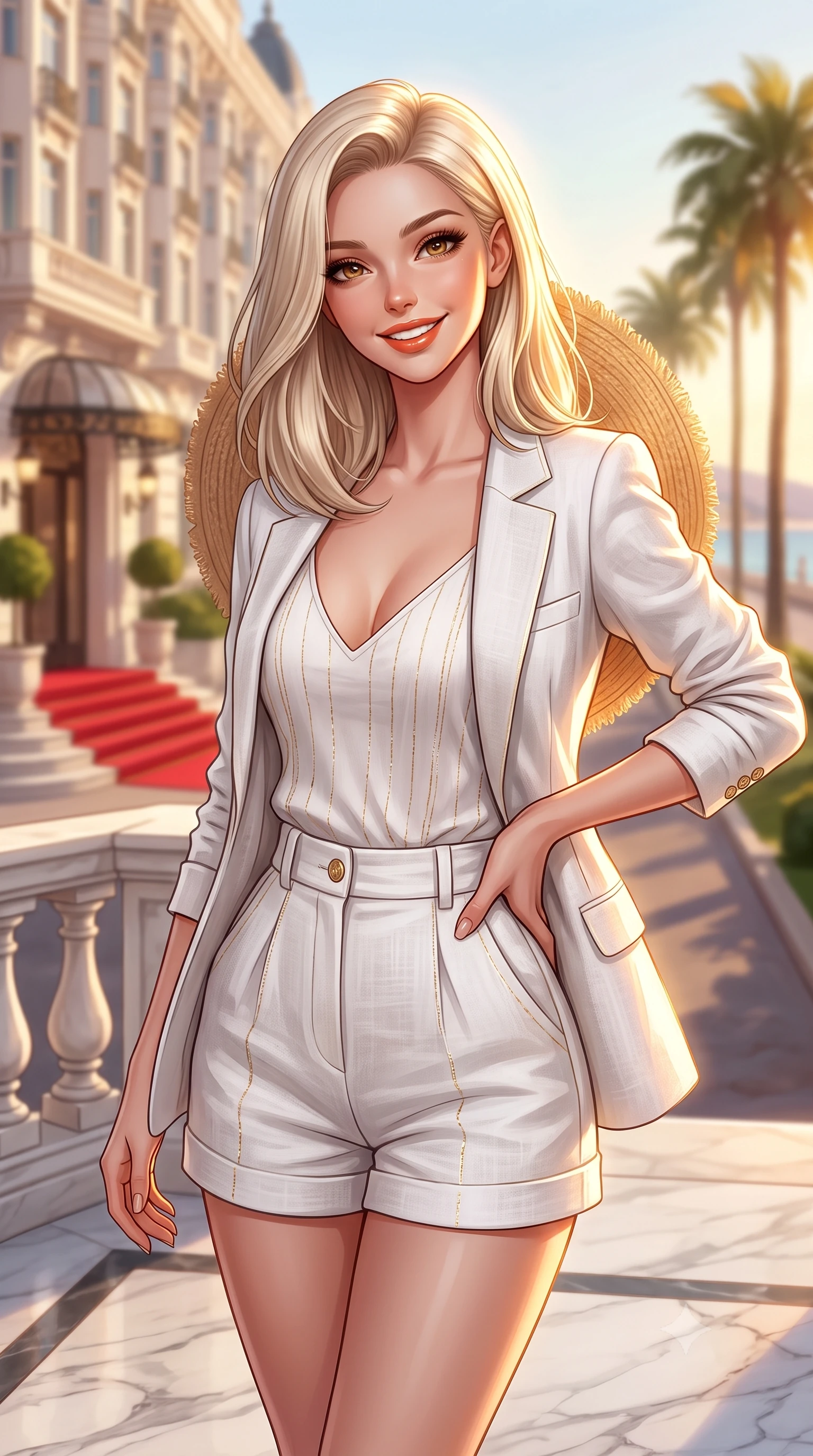 score_9, masterpiece, best quality, ultra-detailed, high-budget anime keyframe, semi-realistic 3D game render, editorial fashion photography, tasteful artistic composition, Caucasian woman. close-up cowboy shot from the waist and thighs up, the character dominates the composition, filling the frame with her large presence. tilting her head with a cute beaming smile while arching her spine with effortless dancer poise, one hand sliding along her hip line in a flirtatious S-curve while standing poised on the grand marble hotel terrace overlooking the Boulevard de la Croisette, arching her spine with festival-queen glamour. The composition keeps background elements in soft focus with dreamy creamy bokeh. the grand belle-époque palace hotel facade and red carpet entrance softened in prestigious Riviera shallow focus. She has an exceptionally elegant, slender, and willowy female figure with an ultra-slim waist, flat toned midriff, narrow ribcage, and sculpted feminine hips creating an alluring, slim hourglass silhouette without bulk. sharp v-shaped jawline, high-bridge nose, sparkling amber-hazel eyes with depth, long lush eyelashes, glossy sun-kissed lips with a warm coral glaze, radiant teasing smile with sensual sunlit bedroom-eyes, exuding effortless old-money elegance and intoxicating sun-drenched allure, flawlessly proportioned anatomical accuracy, strict slender model proportions, natural body alignment, perfectly sculpted long slender limbs, ultra-slim waistline, clean dynamic posture without body distortion. wearing a breezy white linen tailored blazer worn over a plunging-V camisole and high-waisted tailored linen shorts in pure alabaster white and molten gold accents, woven from delicate metallic lurex thread catching the golden hour sunbeams, complemented by a wide-brim straw sunhat held casually behind her back, the high-waisted tailoring accentuating her ultra-slim waistline and the enchanting curve of her feminine hips with alluring sunlit charm. bathed in brilliant golden hour sunset illumination streaming across the French Riviera coastline. highly saturated vibrant anime colors, detailed shading with soft gradients, rich glossy textures, high-contrast stereoscopic depth, volumetric dynamic lighting, master piece, 9:16 ratio