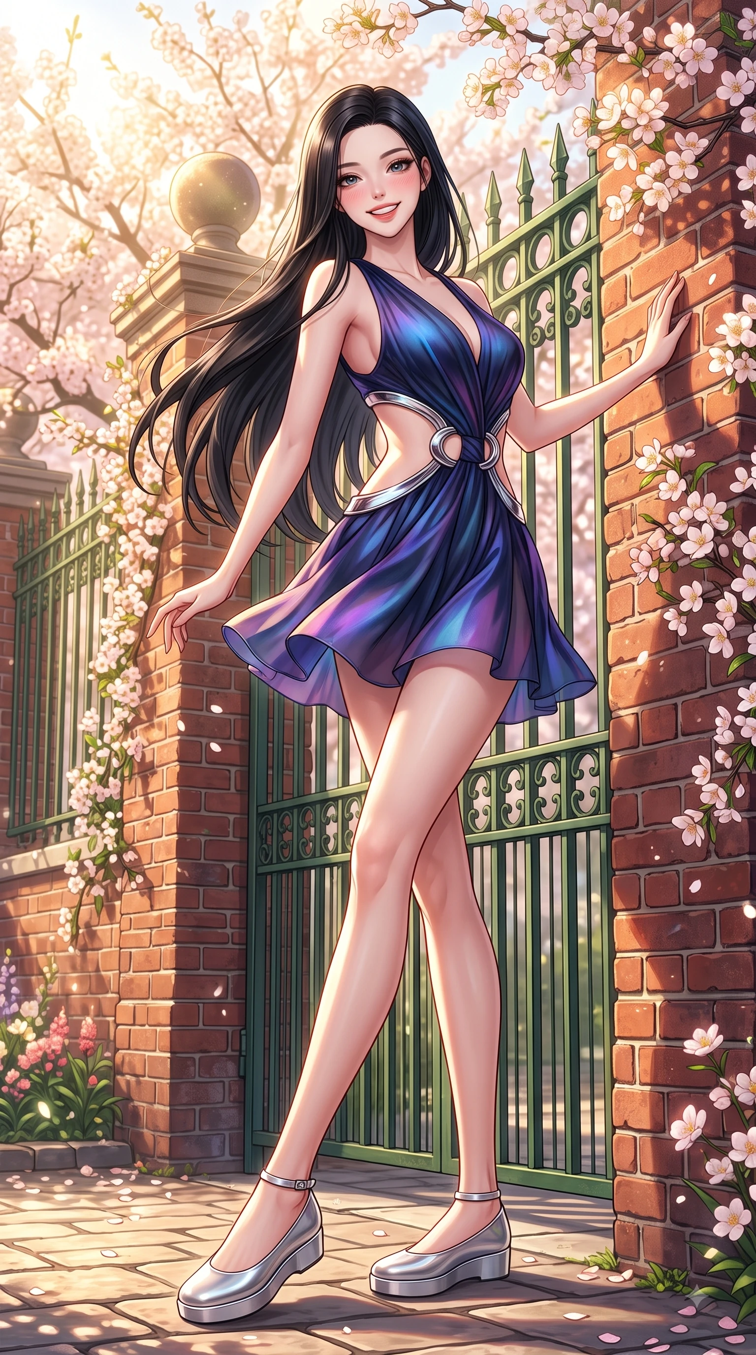 score_9, masterpiece, best quality, ultra-detailed, high-budget anime keyframe, editorial fashion photography, tasteful artistic composition, Korean woman. low angle full-body shot from head to toe showing her feet, filling the entire 9:16 vertical frame with her statuesque presence, stretching her vertical silhouette. pivoting dynamically in mid-motion with a delighted cute expression, displaying her perfect model proportions while resting against an antique brick school wall covered in spring blossoms with a beaming face, classic red-brick school walls and green iron gates framing a sweet academy scene. She has an absolutely perfect, statuesque 8.5-heads proportion, an exceptionally tall and slender model-like female figure with impossibly long slender legs and an ultra-slim waist. sharp v-shaped jawline, high-bridge nose, intricate jewel-like eyes with depth, thick eyelashes, glossy lips with a natural sheen, flawlessly proportioned anatomical accuracy, natural body alignment, perfectly sculpted elegant limbs, clean dynamic posture without body distortion. wearing a dramatic open-waist cutout mini dress framed by sculptural hardware in midnight navy blue and chrome trim, crafted from iridescent chiffon that shifts colors in the light, accented with delicate chrome ring hardware framing her waist, the glove-like fit emphasizing her statuesque silhouette during motion. bathed in bright morning sunbeams and warm golden sakura backlighting. highly saturated vibrant anime colors, detailed shading with soft gradients, rich glossy textures, high-contrast stereoscopic depth, volumetric dynamic lighting, master piece, 9:16 ratio
