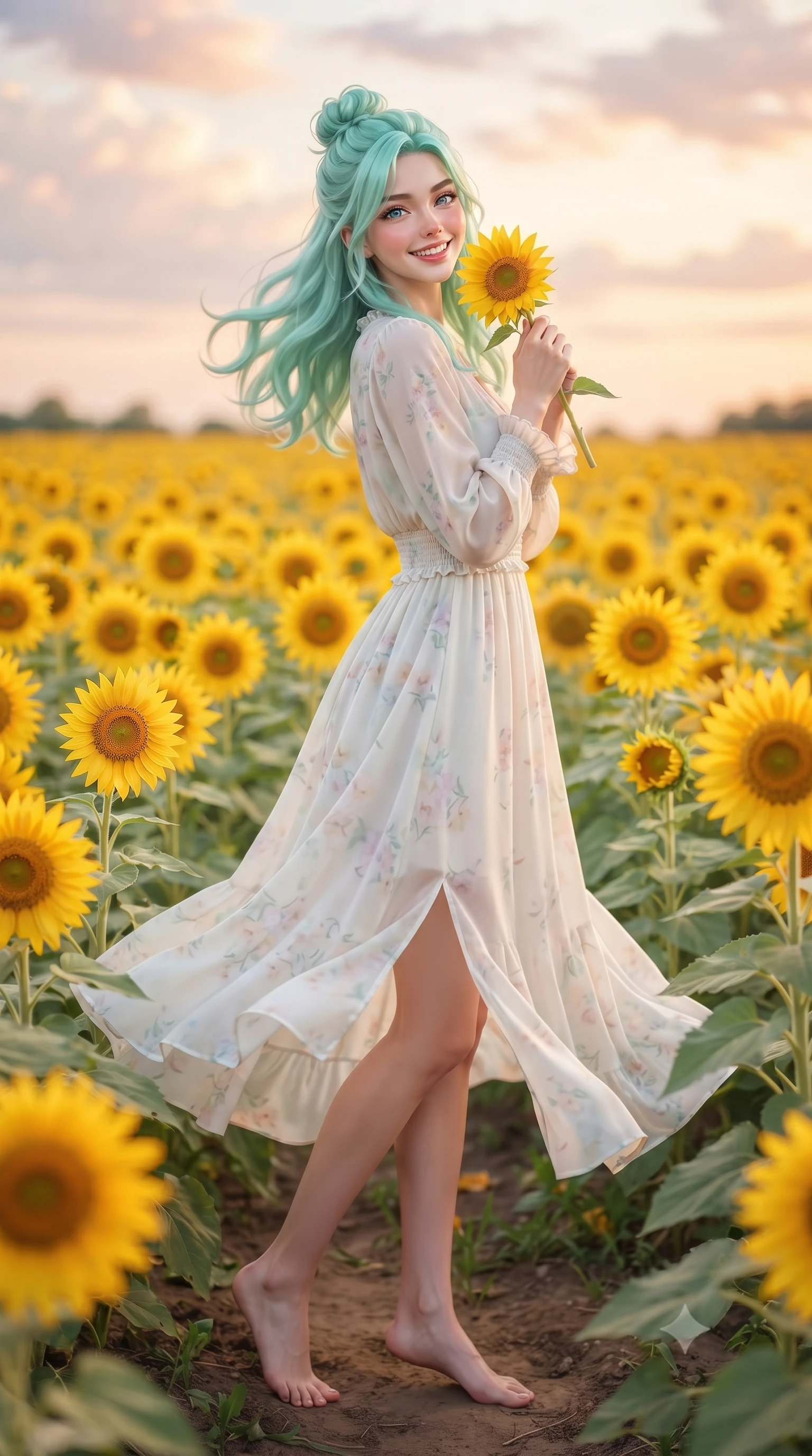 score_9, masterpiece, best quality, ultra-detailed, high-budget anime keyframe, editorial fashion photography, tasteful artistic composition, Japanese woman. low angle full-body shot from head to toe showing her feet, filling the entire 9:16 vertical frame with her statuesque presence, stretching her vertical silhouette. performing a cheerful mid-motion turn with effortless poise, her skirt fluttering softly as she smiles into the camera while standing immersed in a vast sea of vibrant yellow sunflowers, holding one bloom close to her cheek with a dazzling smile. The composition keeps background elements in soft focus with creamy bokeh. endless yellow sunflower faces and pastel sunset clouds blurred into rich amber, honey-gold, and peach bokeh. She has an absolutely perfect, statuesque 8.5-heads proportion, an exceptionally tall and slender model-like female figure with impossibly long slender legs, a toned flat midriff, and an ultra-slim waist. sharp v-shaped jawline, high-bridge nose, intricate jewel-like eyes with depth, thick eyelashes, glossy lips with a natural sheen, pure and lovely fresh girlhood expression, flawlessly proportioned anatomical accuracy, strict slender model proportions, natural body alignment, perfectly sculpted long slender limbs, ultra-slim waistline, clean dynamic posture without body distortion. wearing a flowy silk-chiffon maxi dress with a gentle side slit and fluttering hemline in fresh alpine white with subtle pastel floral accents, knitted from ultra-soft cozy baby-cashmere yarn, accented with soft smocked elastic details and ruffled cuff trims, the tailored casual silhouette highlighting her fresh and youthful presence and perfectly proportioned slender frame. illuminated by soft amber fill light highlighting her glowing complexion and joyful smile. ultra-reflective glossy finish, specular highlights, rich natural textures, high-contrast stereoscopic depth, volumetric dynamic lighting, 2k, ultra detail, master piece, 9:16 ratio