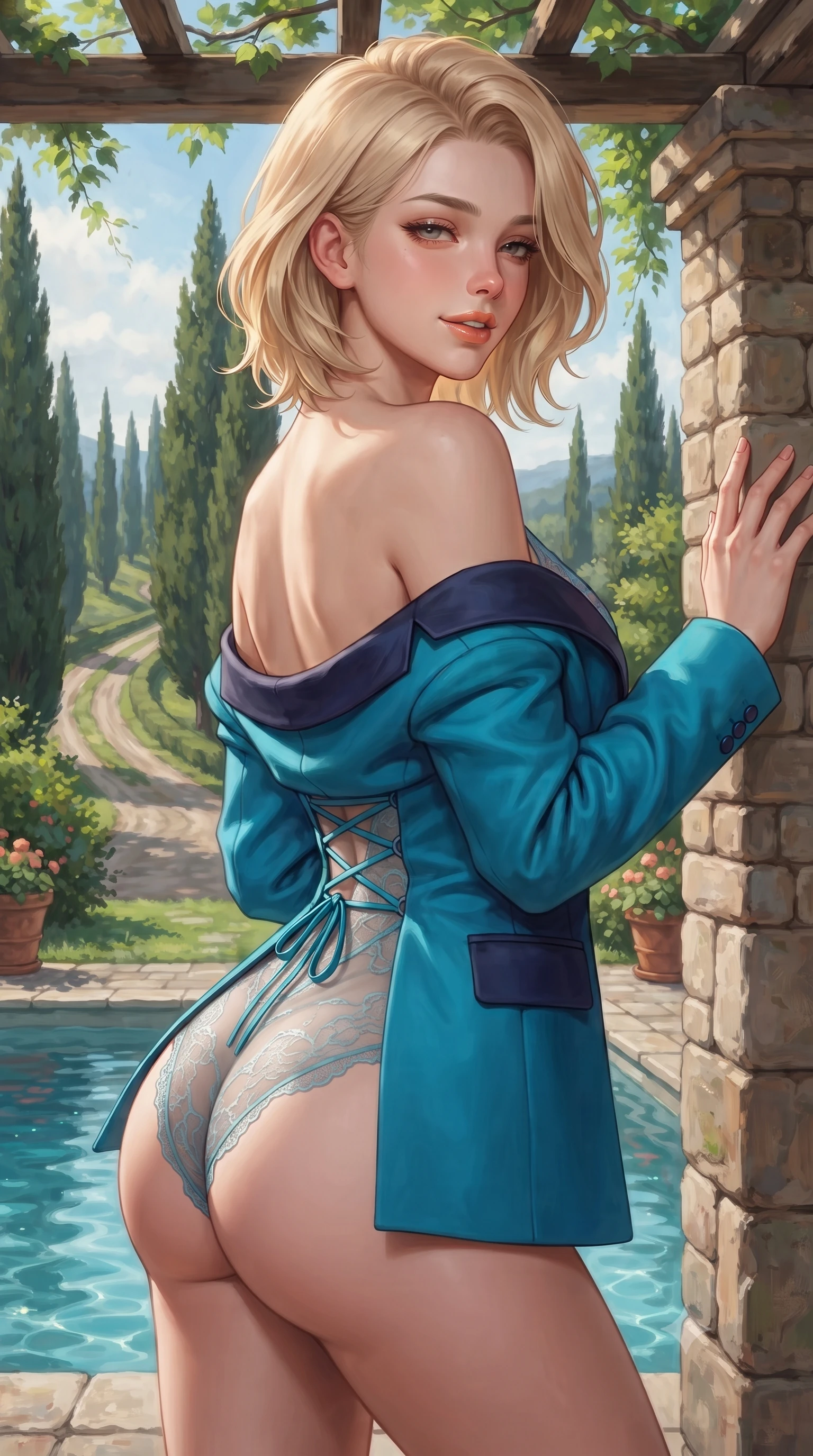 score_9, masterpiece, best quality, ultra-detailed, high-budget anime keyframe, editorial fashion photography, tasteful artistic composition, Caucasian woman. close-up cowboy shot from the waist and thighs up, the character dominates the composition, filling the frame with her large presence. posing in an alluring rear three-quarter angle, looking over a bare shoulder with parted glossy lips, her hips cocked back to highlight her slim hourglass curve while leaning against the rustic stone villa pergola with hips cocked back, looking along the iconic winding cypress tree road with heavy-lidded bedroom-eyes. The surrounding environment is rendered in vivid detail and crisp panoramic clarity: detailed garment lines, wet cling or tailored fit, and rustic Italian estate craft in razor-sharp precision. She has an exceptionally elegant, slender, and willowy female figure with an ultra-slim waist, flat toned midriff, narrow ribcage, and sculpted feminine hips creating an alluring, slim hourglass silhouette without bulk. sharp v-shaped jawline, high-bridge nose, intricate jewel-like sparkling eyes with depth, thick eyelashes, glossy parted lips with a natural peach sheen, bright cheerful beaming smile with an enchanting and coquettish sensual glint, exuding both youthful cute charm and seductive allure, flawlessly proportioned anatomical accuracy, strict slender model proportions, natural body alignment, perfectly sculpted long slender limbs, ultra-slim waistline, clean dynamic posture without body distortion. wearing a delicate sheer French Chantilly lace teddy layered under an open tailored tuxedo blazer draped over bare shoulders in Maldivian bioluminescent electric cyan and midnight indigo, crafted from bespoke double-faced cashmere with an exceptionally soft tactile finish, featuring fine criss-cross lace-up side ties revealing tantalizing glimpses of her hip curve, the second-skin tailored fabric adhering flawlessly to her sculpted flat midriff and slender torso, emphasizing her long leg lines and perfectly proportioned willowy build. illuminated by pool water specular bounce and sharp gold-cyan dual rim lights sculpting her jawline, narrow waist, and curvy hips. ultra-reflective glossy finish, specular highlights, rich textural contrasts, high-contrast stereoscopic depth, volumetric dynamic lighting, 2k, ultra detail, master piece, 9:16 ratio