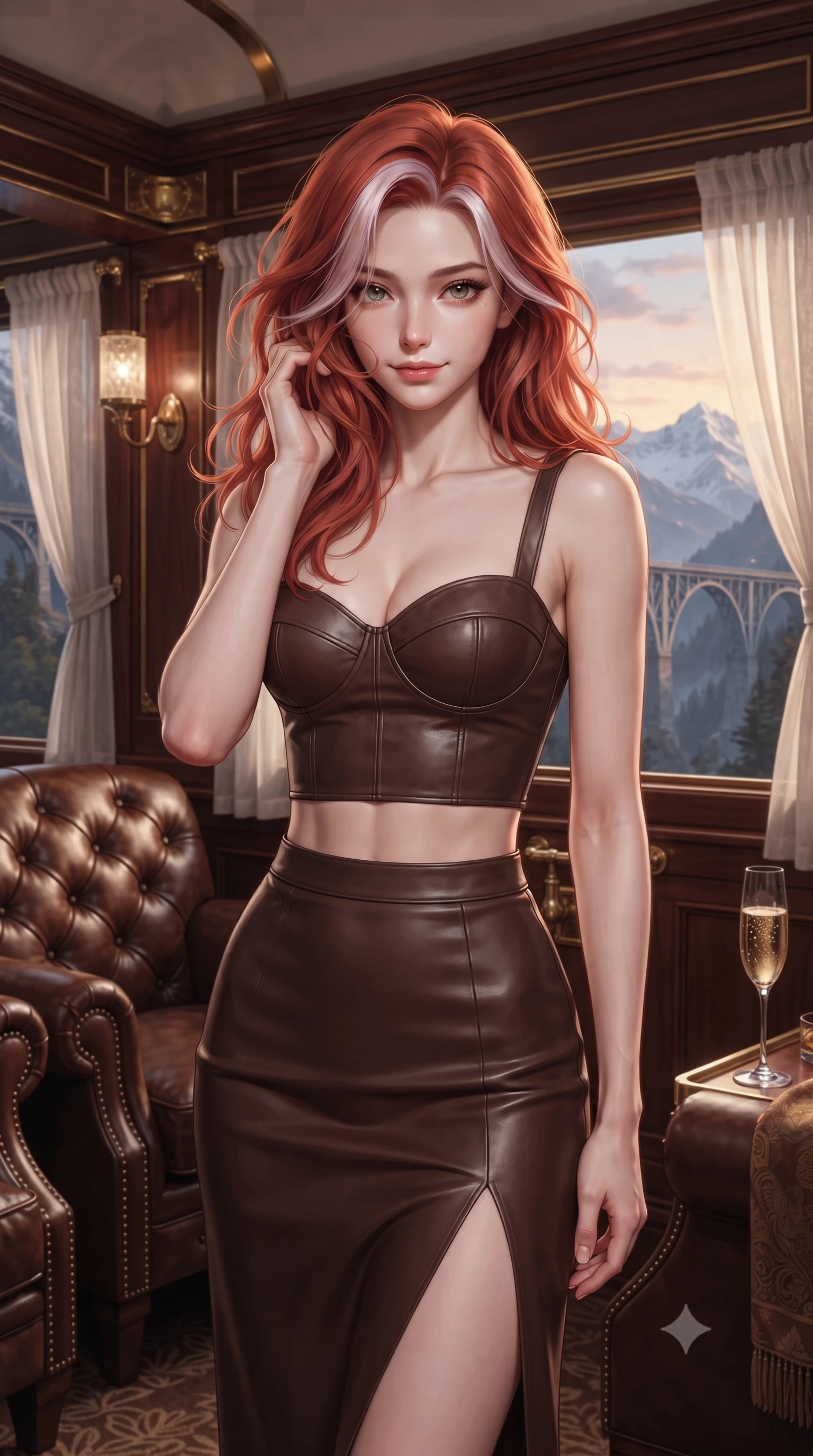 score_9, masterpiece, best quality, ultra-detailed, high-budget anime keyframe, editorial fashion photography, tasteful artistic composition, Caucasian woman, strictly human ears. close-up cowboy shot from the waist and thighs up, the character dominates the composition, filling the frame with her large presence, background elements kept in soft focus. Gently brushing hair from her face with an enigmatic half-smile. set against a soft-focus background of the observation car of a legendary luxury train crossing a spectacular mountain bridge at sunset with polished mahogany panels brass fittings leather armchairs and panoramic windows framing snow-capped peaks. She has an exceptionally elegant and slender, willowy female figure with an ultra-slim waist, a gracefully sculpted slender torso, and a refined slim physique. sharp v-shaped jawline, high-bridge nose, intricate jewel-like eyes with depth, thick eyelashes, glossy lips with a natural sheen. wearing a fitted bustier top in dark chocolate brown leather, paired with a matching high-waisted midi skirt with a high side slit. cold silver moonlight filtered through translucent gossamer curtains casting delicate shadows. 2k, ultra detail, master piece, 9:16 ratio