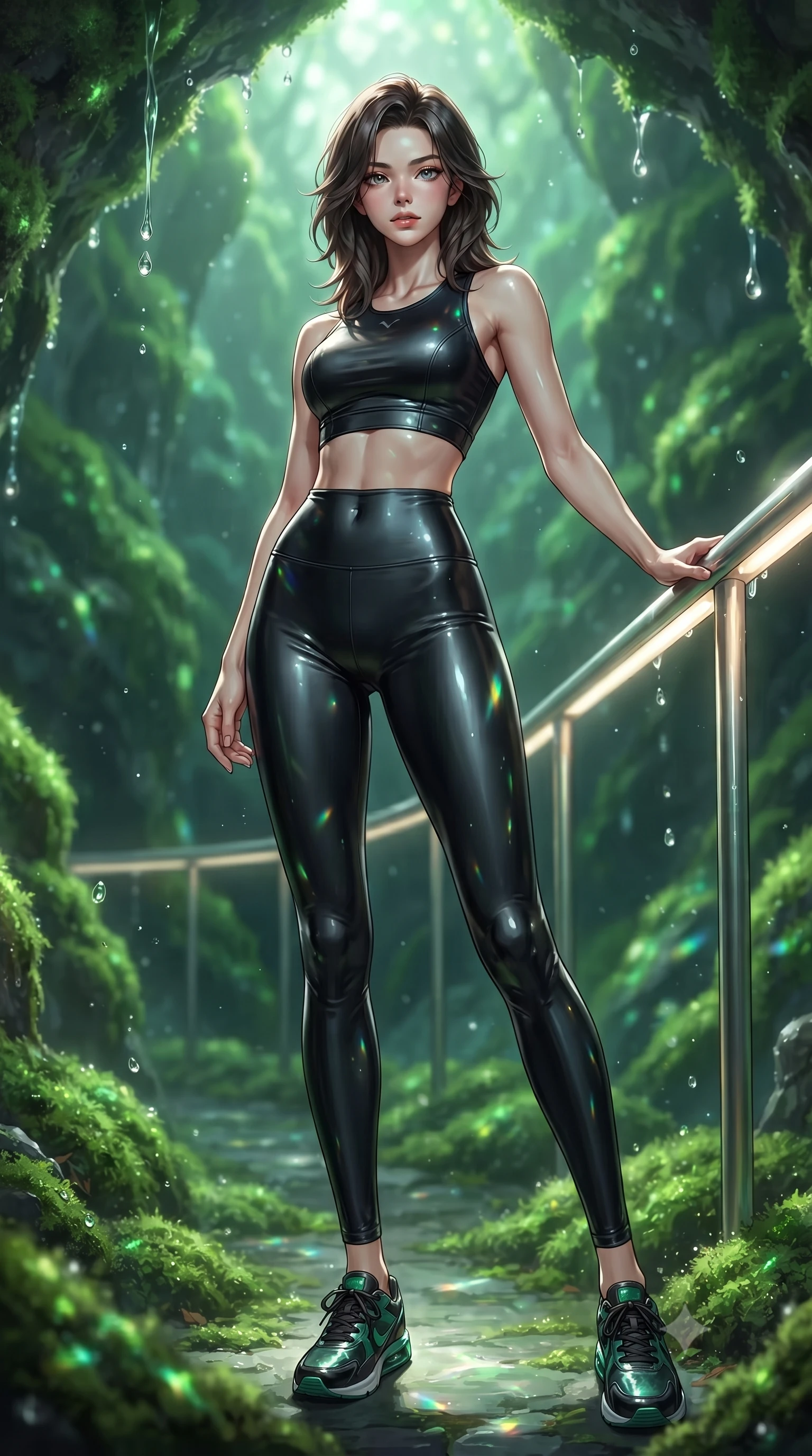 score_9, masterpiece, best quality, ultra-detailed, high-budget anime keyframe, editorial fashion photography, tasteful artistic composition, Korean woman. low angle full-body shot from head to toe showing her feet, filling the entire 9:16 vertical frame with her statuesque presence, stretching her vertical silhouette. standing in a tall, confident posture with one hand on a glowing metal railing, stretching her statuesque body, the background shows a soft-focus a luminescent moss grotto with soft emerald moss carpets and crystal drops. She has an absolutely perfect, statuesque 8.5-heads proportion, an exceptionally tall and slender model-like female figure with impossibly long slender legs and an ultra-slim waist. sharp v-shaped jawline, high-bridge nose, intricate jewel-like eyes with depth, thick eyelashes, glossy lips with a natural sheen. wearing a tailored form-fitting athletic crop top and matching high-waisted compression leggings in sleek carbon-black tech fabric. soft emerald moss carpets projecting green light patterns across her form. ultra-reflective glossy finish, specular highlights, metallic sheen, high-contrast stereoscopic depth, volumetric dynamic lighting, 2k, ultra detail, master piece, 9:16 ratio