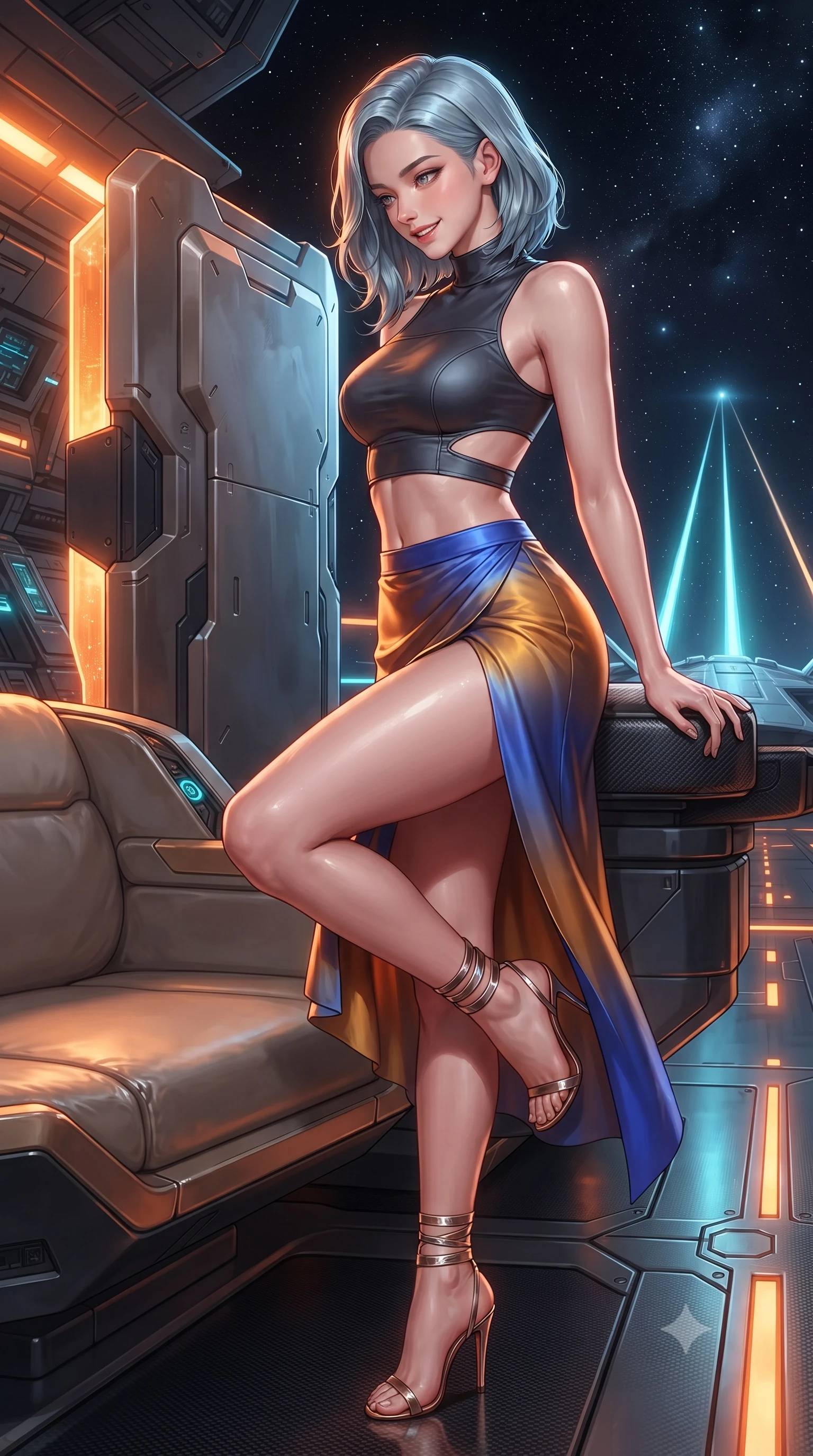 score_9, masterpiece, best quality, ultra-detailed, high-budget anime keyframe, editorial fashion photography, tasteful artistic composition, Korean woman. close-up cowboy shot from the waist and thighs up, the character dominates the composition, filling the frame with her large presence. perched sideways on the lounge seat, one knee drawn up to showcase her slender leg line while her arched back accentuates her feminine hip curve while leaning against the hydraulic blast shield with hips cocked back, gazing down the 500-meter glowing launch track into the starlit void with smoldering bedroom-eyes. The surrounding environment is rendered in vivid detail and crisp panoramic clarity: detailed tactical flight jumpsuit texture, carbon-fiber armor seams, and military aerospace carrier engineering in high resolution. She has an exceptionally elegant, slender, and willowy female figure with an ultra-slim waist, flat toned midriff, narrow ribcage, and sculpted feminine hips creating an alluring, slim hourglass silhouette without bulk. sharp v-shaped jawline, high-bridge nose, intricate jewel-like sparkling eyes with depth, thick eyelashes, glossy parted lips with a natural peach sheen, bright cheerful beaming smile with an enchanting and coquettish sensual glint, exuding both youthful cute charm and seductive allure, flawlessly proportioned anatomical accuracy, strict slender model proportions, natural body alignment, perfectly sculpted long slender limbs, ultra-slim waistline, clean dynamic posture without body distortion. wearing an alluring tactical crop top with asymmetrical side-rib cutouts and high-neck collar paired with a high-slit wrap skirt in Jovian storm amber and electric cobalt, crafted from fluid liquid silk satin that clings smoothly to her narrow waist and rounded hips with a dewy sheen, complemented by strappy stiletto sandals with metallic ankle wraps accentuating her slender calves, the bespoke structured tailoring following the natural line of her 8.5-heads silhouette with refined elegance. bathed in high-voltage orange runway guide strobes contrasted with cold electric-cyan magnetic coil pulses. ultra-reflective glossy finish, specular highlights, rich textural contrasts, high-contrast stereoscopic depth, volumetric dynamic lighting, 2k, ultra detail, master piece, 9:16 ratio