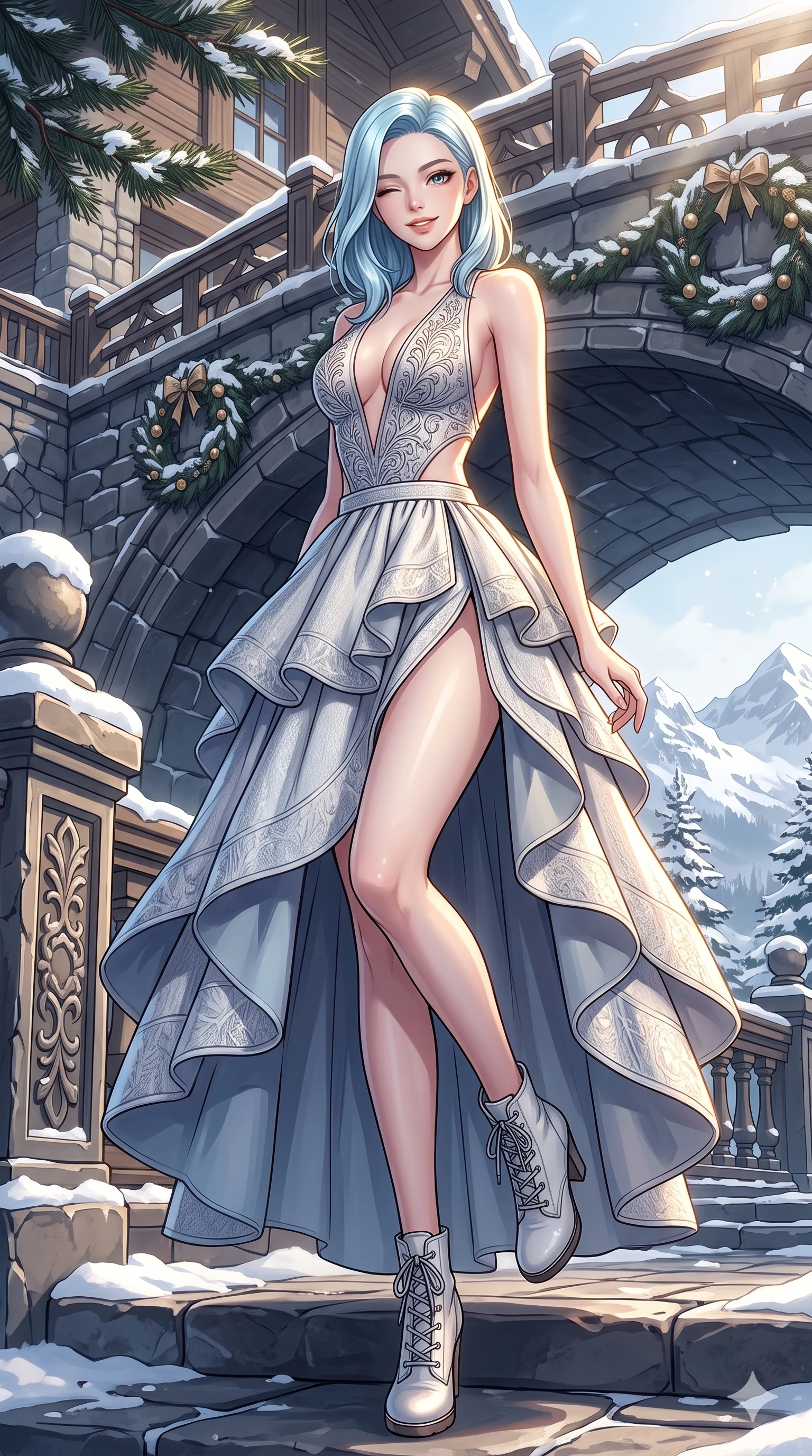 score_9, masterpiece, best quality, ultra-detailed, high-budget anime keyframe, vibrant anime aesthetic, Korean woman. low angle full-body shot from head to toe showing her feet, filling the entire 9:16 vertical frame with her statuesque presence, stretching her vertical silhouette. She is standing on a chalet deck, winking with a playful, smiling face in the sunbeams on an elegant stone bridge decorated with winter wreaths (Code-P21-053). She has an absolutely perfect 8-heads proportion, an exceptionally tall and slender female figure with impossibly long slender legs and an ultra-slim waist. V-shaped jawline, high-bridge nose, intricate jewel-like eyes with depth, thick eyelashes, glossy lips with a natural sheen. wearing a plunging neckline top with an exposed waist and high-slit skirt in snow. She is bathed in brilliant, high-contrast winter sunlight with a single golden line tracing her profile. 2k, ultra detail, master piece, 9:16 ratio