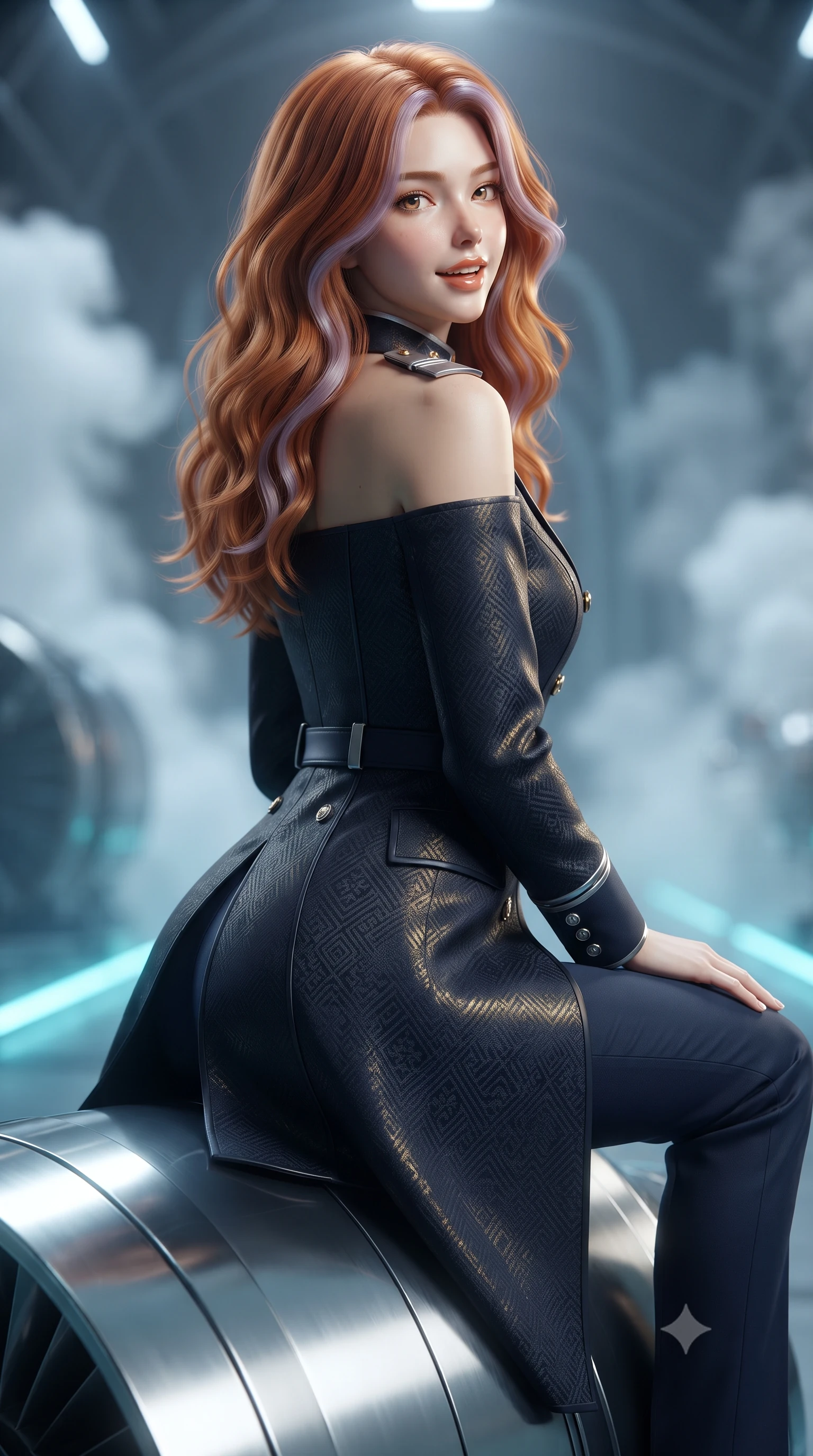 score_9, masterpiece, best quality, ultra-detailed, high-budget anime keyframe, editorial fashion photography, tasteful artistic composition, Caucasian woman. close-up cowboy shot from the waist and thighs up, the character dominates the composition, filling the frame with her large presence. posing in an alluring rear three-quarter angle, looking over a bare shoulder with parted glossy lips, her hips cocked back to highlight her slim hourglass curve while sitting poised on the polished composite turbine casing with one knee bent, arching her back with playful warrior flair and parted glossy lips. The background shows a soft-focus dense mineral thermal vapor softened in geothermal turbine cathedral shallow focus. She has an exceptionally elegant, slender, and willowy female figure with an ultra-slim waist, flat toned midriff, narrow ribcage, and sculpted feminine hips creating an alluring, slim hourglass silhouette without bulk. sharp v-shaped jawline, high-bridge nose, intricate jewel-like sparkling eyes with depth, thick eyelashes, glossy parted lips with a natural peach sheen, bright cheerful beaming smile with an enchanting and coquettish sensual glint, exuding both youthful cute charm and seductive allure, flawlessly proportioned anatomical accuracy, strict slender model proportions, natural body alignment, perfectly sculpted long slender limbs, ultra-slim waistline, clean dynamic posture without body distortion. wearing a tailored orbital navy officer dress uniform featuring a structured double-breasted coat with silver epaulets, high mandarin collar, and matching pressed slacks in singularity accretion gold and space void onyx, woven from structured carbon-fiber jacquard with rich textural depth, finished with sleek magnetic buckle closures fluttering in the breeze, the impeccably tailored cut draping gracefully along her slender figure with aristocratic poise. bathed in electric-cyan floor LED guide lights mixed with cold ambient 6000K turbine spotlights. ultra-reflective glossy finish, specular highlights, rich textural contrasts, high-contrast stereoscopic depth, volumetric dynamic lighting, 2k, ultra detail, master piece, 9:16 ratio