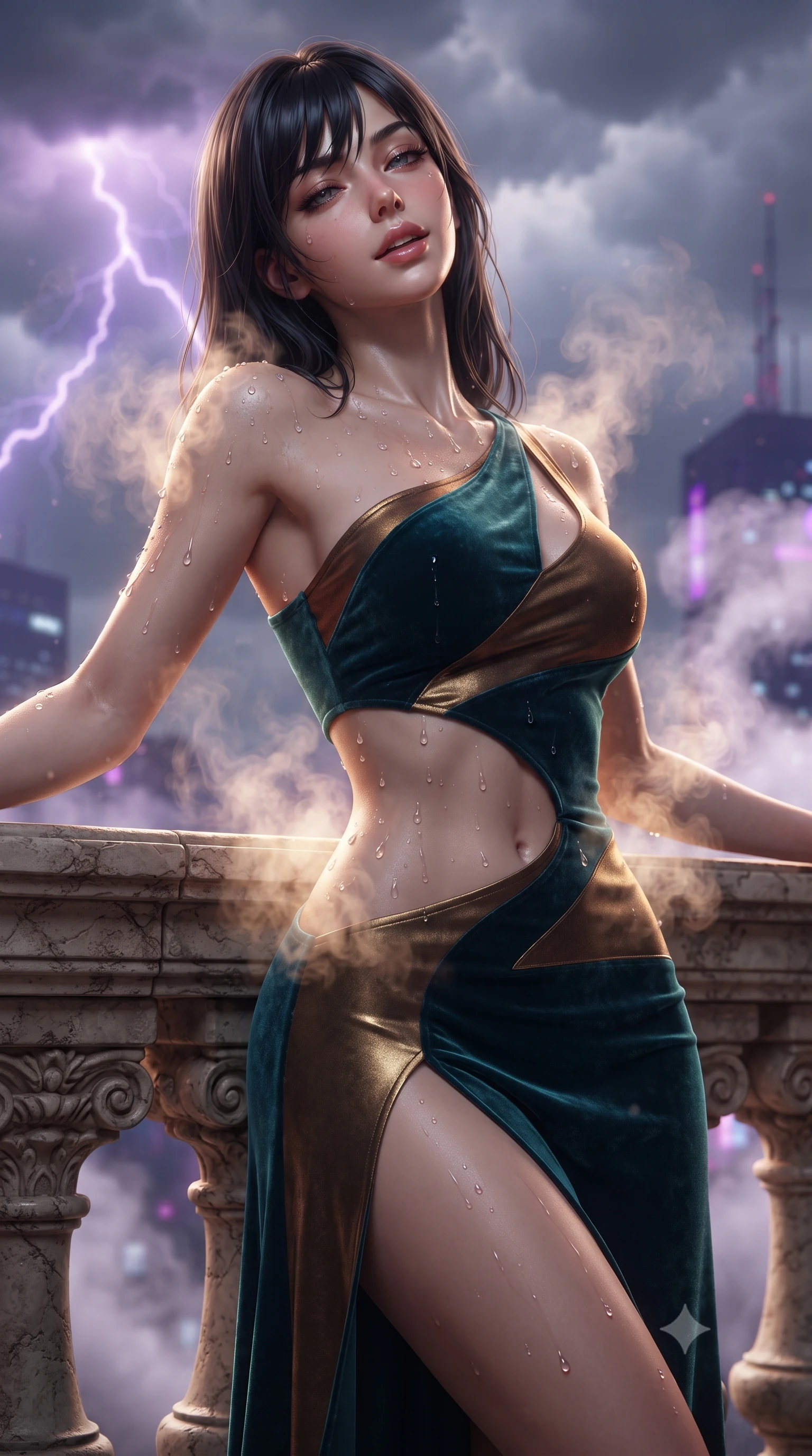 score_9, masterpiece, best quality, ultra-detailed, high-budget anime keyframe, editorial fashion photography, tasteful artistic composition, Caucasian woman. close-up cowboy shot from the waist and thighs up, the character dominates the composition, filling the frame with her large presence. leaning back against the balustrade with relaxed seductive grace, head tilted back slightly while casting a hypnotic, heavy-lidded gaze while twisting her slender torso in an alluring S-curve, warm mineral steam swirling around her bare shoulders, flat midriff, and hips as lightning flashes. The background shows a soft-focus swirling storm clouds with purple lightning arcs, distant neon skyscraper antennas, and billowing thermal steam blurred into violet, sapphire, and starlight bokeh. She has an exceptionally elegant, slender, and willowy female figure with an ultra-slim waist, flat toned midriff, narrow ribcage, and sculpted feminine hips creating an alluring, slim hourglass silhouette without bulk. sharp v-shaped jawline, high-bridge nose, sparkling eyes with hypnotic seductive depth, thick curled eyelashes, glossy parted lips with a natural dewy peach sheen, alluring bedroom-eyes with an enchanting coquettish smile, exuding magnetic siren charisma and sophisticated glamour, flawlessly proportioned anatomical accuracy, strict slender model proportions, natural body alignment, perfectly sculpted long slender limbs, ultra-slim waistline, clean dynamic posture without body distortion. wearing an asymmetric one-shoulder liquid jersey gown with dramatic hip-high slit and sculptural waist cutout in deep peacock teal and burnished antique brass, tailored from ultra-plush velvet with rich tactile depth and deep shadow gradients, finished with glistening drops of pool water beading across her sculpted shoulders and collarbones, the form-contouring silhouette accentuating her sculpted flat midriff, narrow delicate ribcage, and gracefully curvy hips with intoxicating allure. illuminated by steam particle light scatter and sharp platinum-violet rim lights defining her razor-sharp jawline, narrow waist, and voluptuous hip curves. ultra-reflective glossy finish, specular highlights, rich textural contrasts, high-contrast stereoscopic depth, volumetric dynamic lighting, 2k, ultra detail, master piece, 9:16 ratio