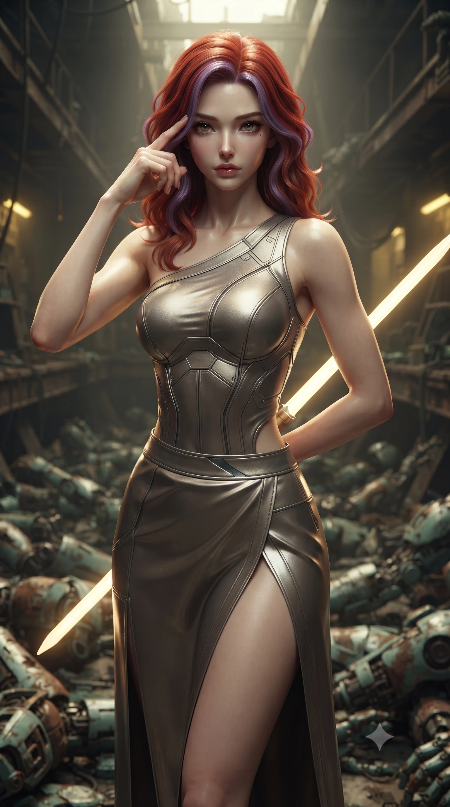 score_9, masterpiece, best quality, ultra-detailed, high-budget anime keyframe, editorial fashion photography, tasteful artistic composition, Caucasian woman. close-up cowboy shot from the waist and thighs up, the character dominates the composition, filling the frame with her large presence, background elements kept in soft focus. pressing two fingers to her temple while holding a light-spear diagonally behind her in a composed thoughtful gesture, the background shows a soft-focus a ruined factory catwalk overlooking a pit of discarded cybernetic limbs. She has an exceptionally elegant, slender, and willowy female figure with an ultra-slim waist, a gracefully sculpted slender torso, and a refined silhouette. sharp v-shaped jawline, high-bridge nose, intricate jewel-like eyes with depth, thick eyelashes, glossy lips with a natural sheen. wearing a tailored asymmetric one-shoulder nanotech bodice paired with a daring high-slit tactical utility wrap skirt. harsh sodium yellow spotlights casting dramatic industrial shadows down below. ultra-reflective glossy finish, specular highlights, metallic sheen, high-contrast stereoscopic depth, volumetric dynamic lighting, 2k, ultra detail, master piece, 9:16 ratio