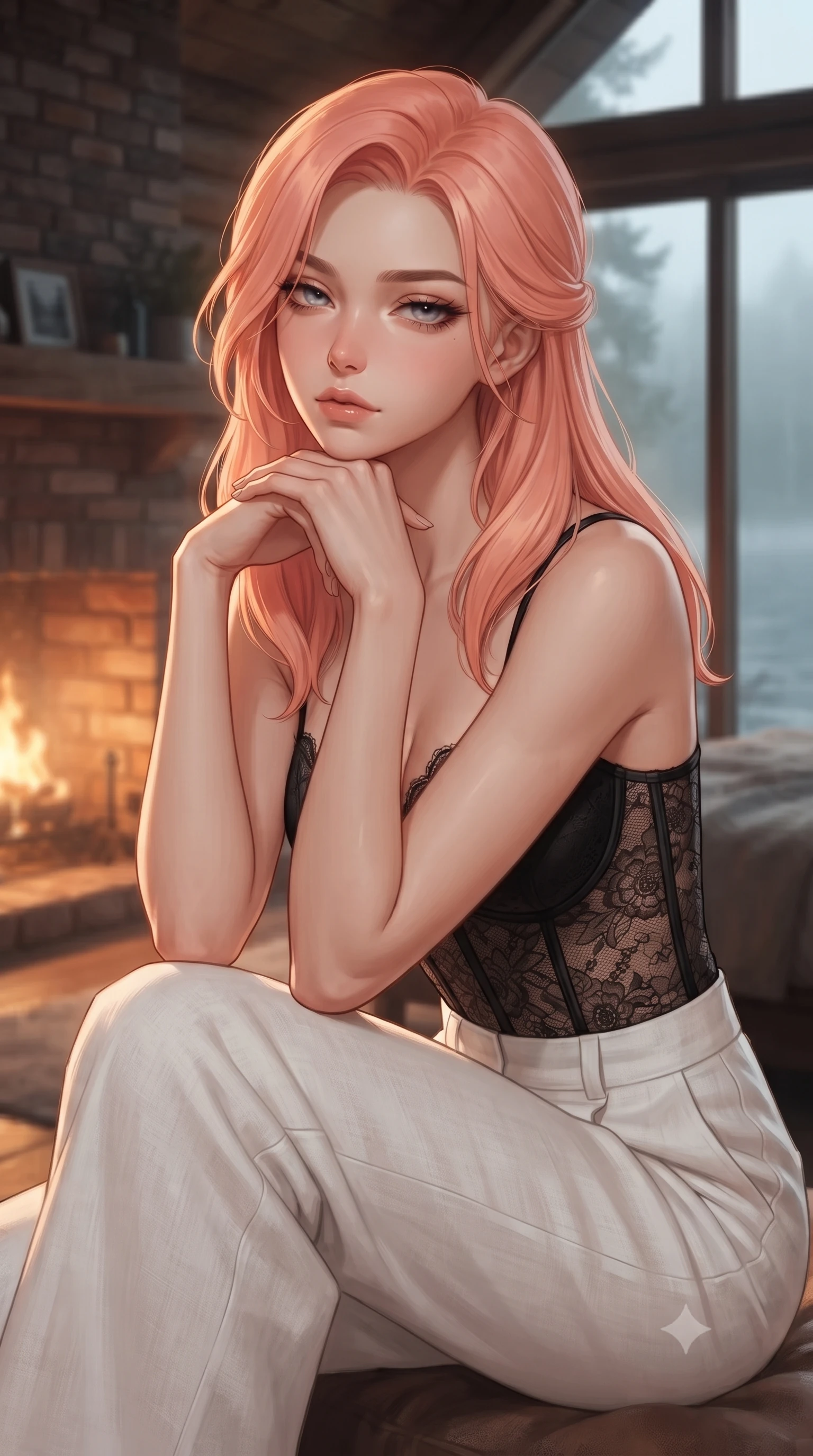 score_9, masterpiece, best quality, ultra-detailed, high-budget anime keyframe, editorial fashion photography, tasteful artistic composition, Japanese woman woman. close-up cowboy shot from the waist and thighs up, the character dominates the composition, filling the frame with her large presence, background elements kept in soft focus. resting her chin on the backs of her fingers, casting a heavy-lidded, sultry look past the camera the background shows a soft-focus a rustic bedroom of a lakeside cabin, facing a large glass window looking out at misty waters. She has an exceptionally elegant, slender, and willowy female figure with an ultra-slim waist, a gracefully sculpted slender torso, and a refined silhouette. sharp v-shaped jawline, high-bridge nose, intricate jewel-like eyes with depth, thick eyelashes, glossy lips with a natural sheen. wearing a tailored delicate lace corset top in black silk, paired with high-waisted white linen trousers. soft morning mist diffusing the warm light of a brick fireplace. ultra-reflective glossy finish, specular highlights, metallic sheen, high-contrast stereoscopic depth, volumetric dynamic lighting, 2k, ultra detail, master piece, 9:16 ratio