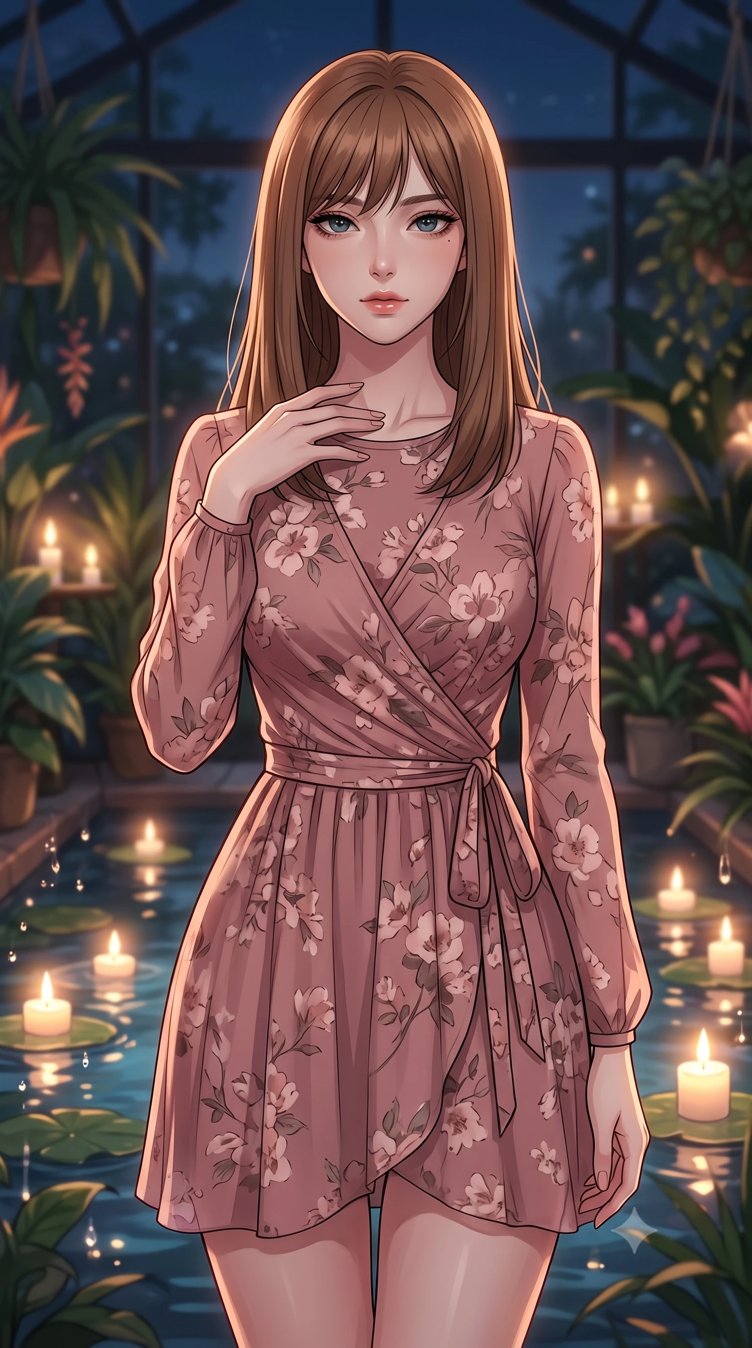 score_9, masterpiece, best quality, ultra-detailed, high-budget anime keyframe, tasteful artistic composition, Korean woman. close-up cowboy shot from the waist and thighs up, the character dominates the composition, filling the frame with her large presence, background elements kept in soft focus. standing with one hand resting on her collarbone, looking at the viewer with bedroom-eyes the background shows a soft-focus a modern greenhouse loft surrounded by rare plants and floating candlelit ponds. She has an exceptionally elegant, slender, and willowy female figure with an ultra-slim waist, a gracefully sculpted slender torso, and a refined silhouette. sharp v-shaped jawline, high-bridge nose, intricate jewel-like eyes with depth, thick eyelashes, glossy lips with a natural sheen. wearing a body-hugging flowy floral-patterned wrap dress in dusty rose chiffon with long sleeves and a modest crew neck. soft flickering candle glow refracting through the moving water droplets. highly saturated vibrant anime colors, cel-shading, 2d style, master piece, 9:16 ratio