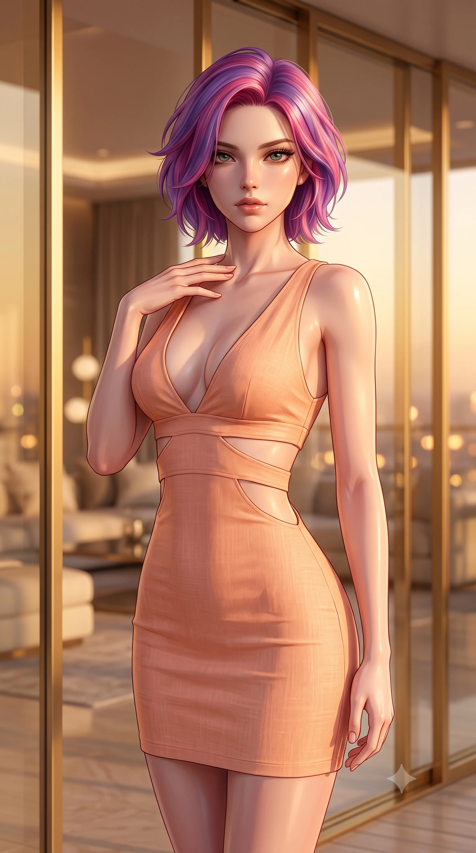 score_9, masterpiece, best quality, ultra-detailed, high-budget anime keyframe, editorial fashion photography, tasteful artistic composition, Caucasian woman. close-up cowboy shot from the waist and thighs up, the character dominates the composition, filling the frame with her large presence, background elements kept in soft focus. standing with one hand resting on her collarbone, looking at the viewer with bedroom-eyes the background shows a soft-focus a luxury hotel penthouse balcony with gold glass panels showing city lights. She has an exceptionally elegant, slender, and willowy female figure with an ultra-slim waist, a gracefully sculpted slender torso, and a refined silhouette. sharp v-shaped jawline, high-bridge nose, intricate jewel-like eyes with depth, thick eyelashes, glossy lips with a natural sheen. wearing a body-hugging summer sundress with double waist cutouts and a plunging neckline in peach linen. soft golden hour sunset glow painting the room in a romantic wash. ultra-reflective glossy finish, specular highlights, metallic sheen, high-contrast stereoscopic depth, volumetric dynamic lighting, 2k, ultra detail, master piece, 9:16 ratio