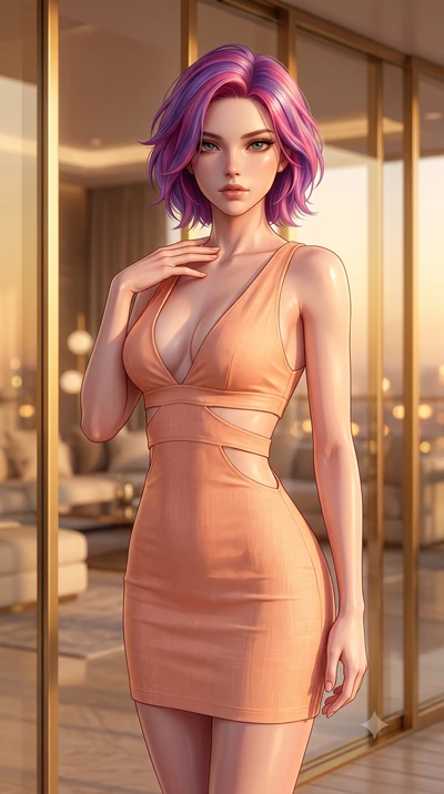score_9, masterpiece, best quality, ultra-detailed, high-budget anime keyframe, editorial fashion photography, tasteful artistic composition, Caucasian woman. close-up cowboy shot from the waist and thighs up, the character dominates the composition,
