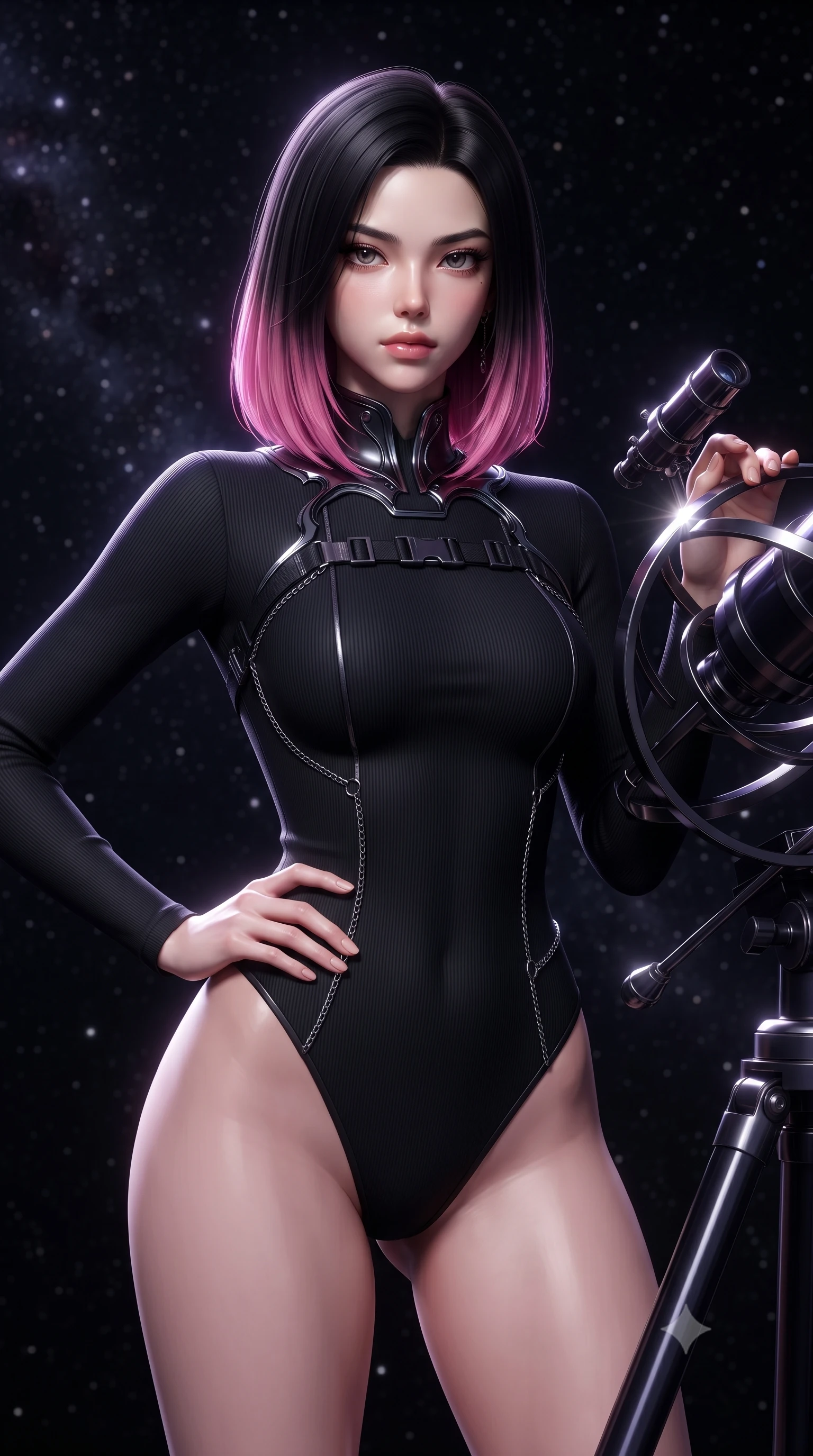 score_9, masterpiece, best quality, ultra-detailed, high-budget anime keyframe, editorial fashion photography, tasteful artistic composition, Korean woman. close-up cowboy shot from the waist and thighs up, the character dominates the composition, filling the frame with her large presence, background elements kept in soft focus. Holding a confident power pose with one hand on her hip, resting near a dark titanium orbital telescope in a silent starry void, starlight reflections glinting sharply off dark metallic armillary rings. She has an exceptionally elegant, slender, and willowy female figure with an ultra-slim waist, a gracefully sculpted slender torso, and a refined silhouette. sharp v-shaped jawline, high-bridge nose, intricate jewel-like eyes with depth, thick eyelashes, glossy lips with a natural sheen. wearing sleek high-neck ribbed activewear bodysuit in matte black in obsidian black, made of sculpted obsidian metallic chrome, framed by dark titanium buckles and silver chain details, following her slender form with tailored precision. surrounded by an eerie dark violet starlight aura and sharp rim highlights. highly saturated vibrant anime colors, detailed shading with soft gradients, rich glossy textures, high-contrast stereoscopic depth, volumetric dynamic lighting, master piece, 9:16 ratio
