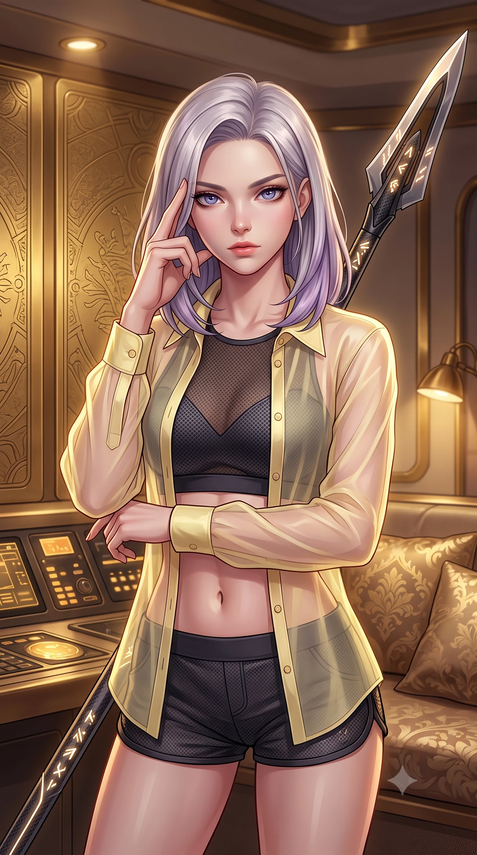 score_9, masterpiece, best quality, ultra-detailed, high-budget anime keyframe, editorial fashion photography, tasteful artistic composition, Caucasian woman. close-up cowboy shot from the waist and thighs up, the character dominates the composition, filling the frame with her large presence, background elements kept in soft focus. pressing two fingers to her temple while holding a light-spear diagonally behind her in a composed thoughtful gesture, the background shows a soft-focus a private cabin aboard a solar yacht with gold-plated walls and silk cushions. She has an exceptionally elegant, slender, and willowy female figure with an ultra-slim waist, a gracefully sculpted slender torso, and a refined silhouette. sharp v-shaped jawline, high-bridge nose, intricate jewel-like eyes with depth, thick eyelashes, glossy lips with a natural sheen. wearing a form-contouring sheer organza combat shirt in pale yellow, worn open over a carbon-mesh crop top and micro-shorts. warm golden light from reading consoles casting cozy, intimate shadows. highly saturated vibrant anime colors, detailed shading with soft gradients, rich glossy textures, high-contrast stereoscopic depth, volumetric dynamic lighting, master piece, 9:16 ratio