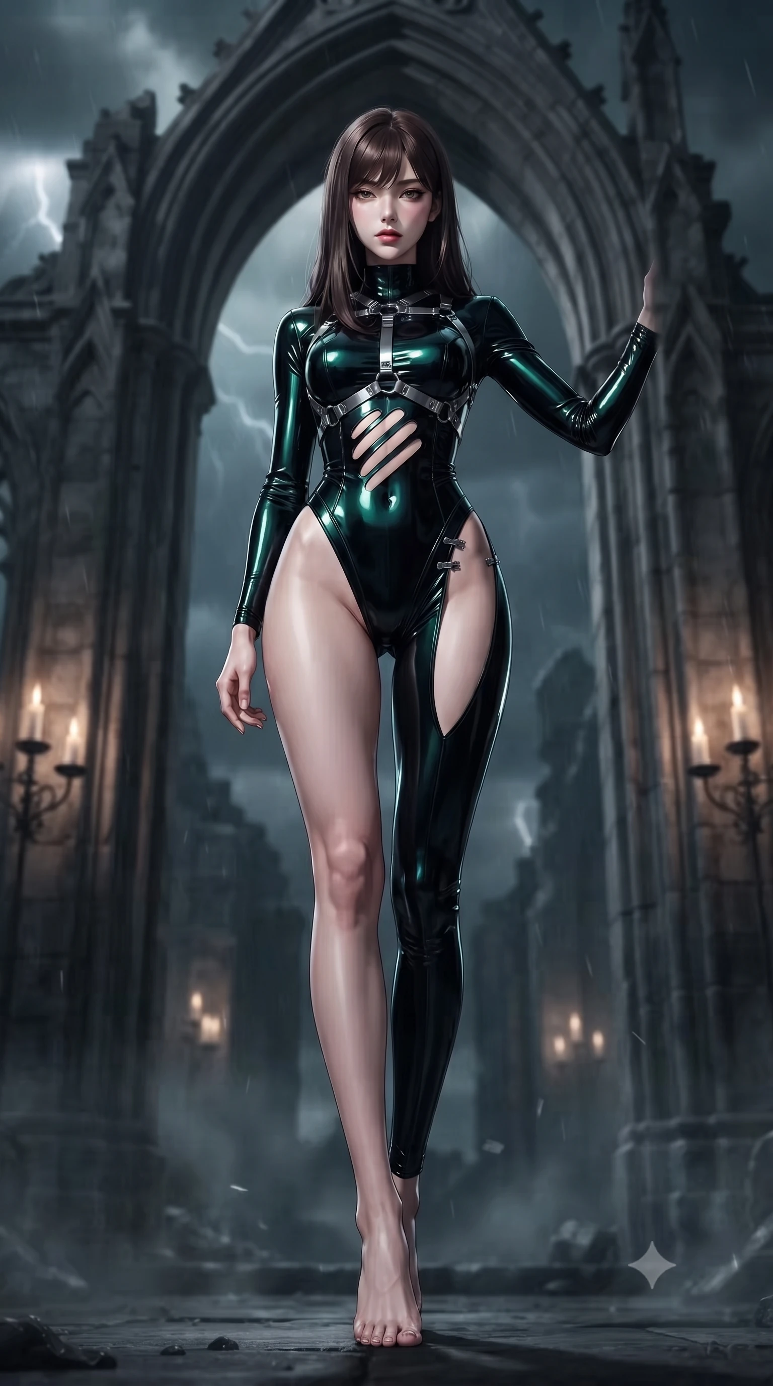 score_9, masterpiece, best quality, ultra-detailed, high-budget anime keyframe, editorial fashion photography, tasteful artistic composition, Korean woman. low angle full-body shot from head to toe showing her feet, filling the entire 9:16 vertical frame with her statuesque presence, stretching her vertical silhouette. striding forward in a proud, statuesque motion with a dangerous smolder, hips swaying with fierce allure, dominating the frame from head to toe while resting against a soaring stone archway with a dangerous, predatory smolder gazing directly into the lens beneath stormy shadows. The composition keeps background elements in soft focus with creamy bokeh. flickering candle flames and lightning flashes scattering subtle specular glints across a dark backdrop. She has an absolutely perfect, statuesque 8.5-heads proportion, an exceptionally tall and slender model-like female figure with impossibly long slender legs, a toned flat midriff, and an ultra-slim waist. sharp v-shaped jawline, high-bridge nose, intricate jewel-like eyes with depth, thick eyelashes, glossy lips with a natural sheen, flawlessly proportioned anatomical accuracy, strict slender model proportions, natural body alignment, perfectly sculpted long slender limbs, ultra-slim waistline, clean dynamic posture without body distortion. wearing a skin-tight cyber-noir tech bodysuit featuring diagonal slitted cutouts on the midriff, a high-cut leg line, and a metallic chrome harness in high-gloss lacquer black and electric emerald highlights, formed from high-gloss patent material with specular chiaroscuro reflections, finished with an ultra-high side slit secured by miniature magnetic clasps, the form-contouring material adhering flawlessly to her sculpted flat midriff and slender torso, emphasizing her long leg lines and perfectly proportioned willowy build. illuminated by deep shadow chiaroscuro with sharp specular rim lights outlining her slender curves. ultra-reflective glossy finish, specular highlights, dark metallic sheen, deep chiaroscuro contrast, volumetric dynamic shadow lighting, 2k, ultra detail, master piece, 9:16 ratio