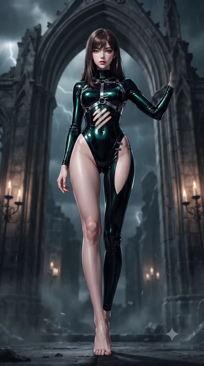score_9, masterpiece, best quality, ultra-detailed, high-budget anime keyframe, editorial fashion photography, tasteful artistic composition, Korean woman. low angle full-body shot from head to toe showing her feet, filling the entire 9:16 vertical f