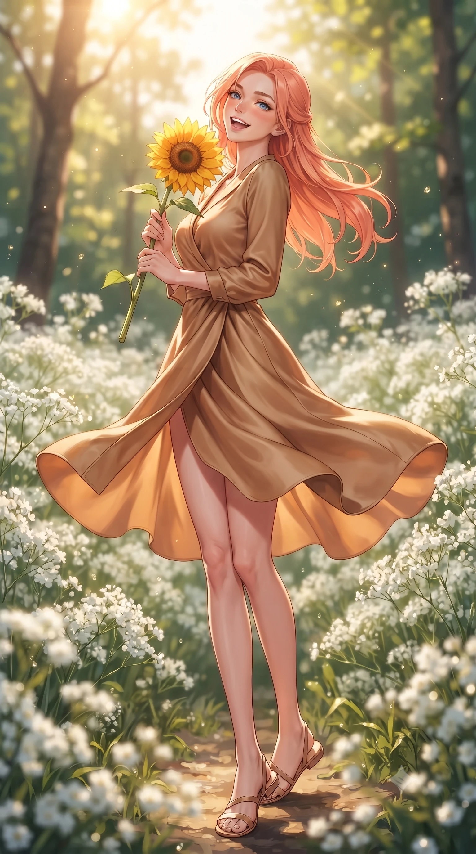 score_9, masterpiece, best quality, ultra-detailed, high-budget anime keyframe, editorial fashion photography, tasteful artistic composition, Japanese woman. low angle full-body shot from head to toe showing her feet, filling the entire 9:16 vertical frame with her statuesque presence, stretching her vertical silhouette. twirling around with a playful, cute laugh, her skirt billowing beautifully in the air set against a soft-focus background of on a scenic meadow filled with white baby's breath flowers near a forest holding a single bright sunflower with a cheerful, sunny grin. She has an absolutely perfect, statuesque 8.5-heads proportion, an exceptionally tall and slender model-like female figure with impossibly long slender legs and an ultra-slim waist. sharp v-shaped jawline, high-bridge nose, intricate jewel-like eyes with depth, thick eyelashes, glossy lips with a natural sheen. wearing tailored form-contouring silk wrap dress in camel, outlining her slender waist. warm morning sunbeams creating fresh dewdrop glints on the flower petals. highly saturated vibrant anime colors, detailed shading with soft gradients, rich glossy textures, high-contrast stereoscopic depth, volumetric dynamic lighting, master piece, 9:16 ratio