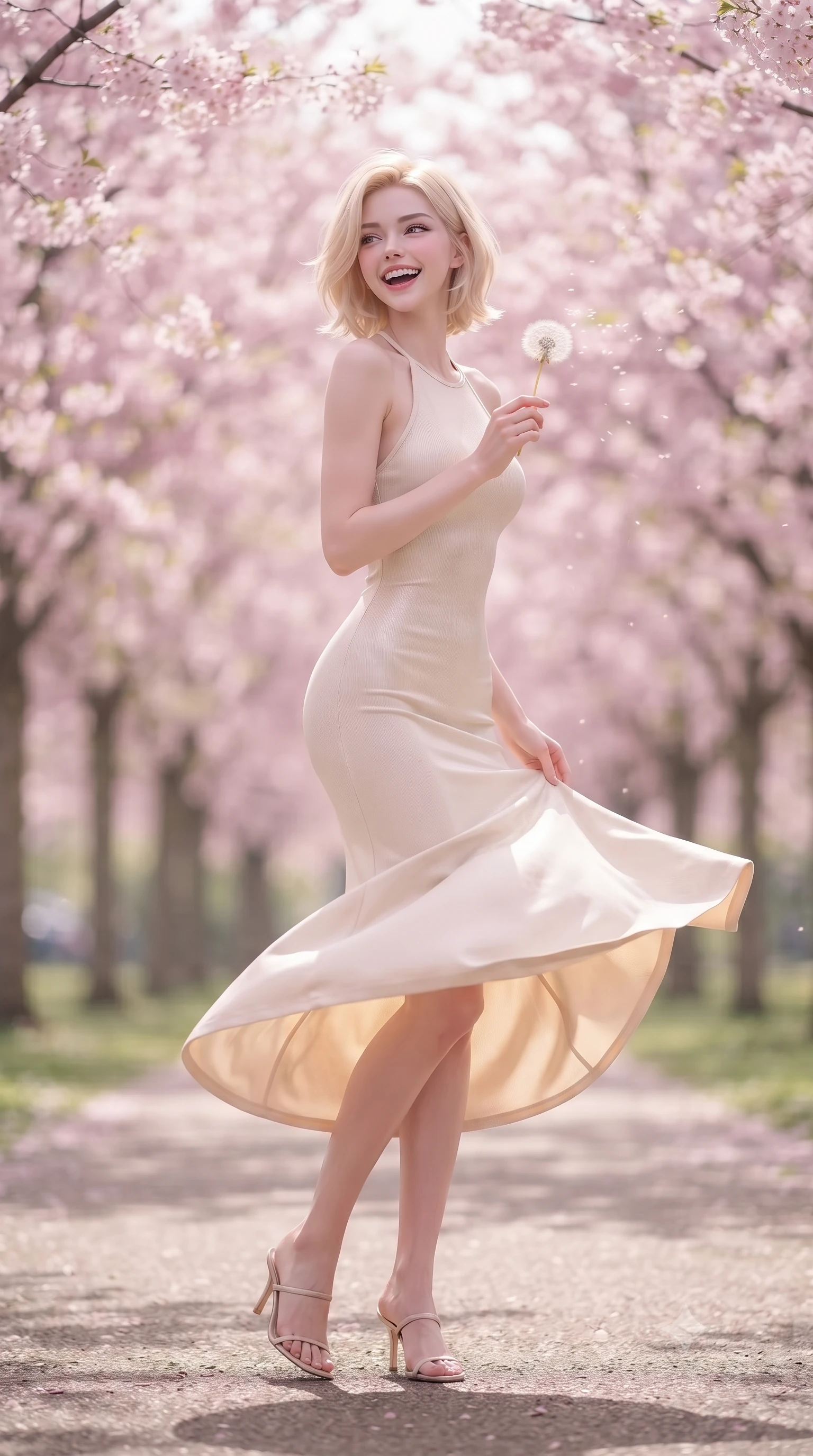 score_9, masterpiece, best quality, ultra-detailed, high-budget anime keyframe, editorial fashion photography, tasteful artistic composition, Caucasian woman. low angle full-body shot from head to toe showing her feet, filling the entire 9:16 vertical frame with her statuesque presence, stretching her vertical silhouette. twirling around with a playful, cute laugh, her skirt billowing beautifully in the air set against a soft-focus background of walking down a park path lined with blooming pink cherry blossom trees holding a fluffy dandelion clock, ready to blow the seeds with a cute smile. She has an absolutely perfect, statuesque 8.5-heads proportion, an exceptionally tall and slender model-like female figure with impossibly long slender legs and an ultra-slim waist. sharp v-shaped jawline, high-bridge nose, intricate jewel-like eyes with depth, thick eyelashes, glossy lips with a natural sheen. wearing tailored sleek, tight-fitting knit halter dress in cream, tracing her slender silhouette. soft diffused daylight creating a dreamy, pastel-colored country glow. ultra-reflective glossy finish, specular highlights, metallic sheen, high-contrast stereoscopic depth, volumetric dynamic lighting, 2k, ultra detail, master piece, 9:16 ratio