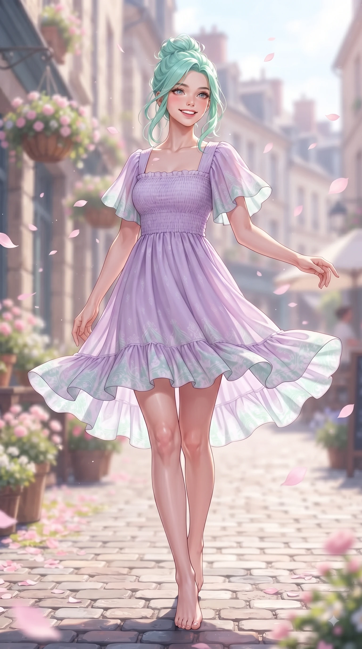 score_9, masterpiece, best quality, ultra-detailed, high-budget anime keyframe, editorial fashion photography, tasteful artistic composition, Japanese woman. low angle full-body shot from head to toe showing her feet, filling the entire 9:16 vertical frame with her statuesque presence, stretching her vertical silhouette. performing a cheerful mid-motion turn with flawless poise, her radiant smile capturing fresh girlhood energy while stepping cheerfully along a flower-strewn walkway as pastel pink petals float softly around her. The composition keeps background elements in soft focus with dreamy bokeh. charming European cobblestone facades and hanging flower baskets softened by shallow depth of field. She has an absolutely perfect, statuesque 8.5-heads proportion, an exceptionally tall and slender model-like female figure with impossibly long slender legs and an ultra-slim waist. sharp v-shaped jawline, high-bridge nose, intricate jewel-like eyes with depth, thick eyelashes, glossy lips with a natural sheen, flawlessly proportioned anatomical accuracy, natural body alignment, perfectly sculpted elegant limbs, clean dynamic posture without body distortion. wearing a romantic lilac square-neck sundress with soft smocked bodice and fluttery hem in refreshing mint green and crisp white, made of fine lightweight chiffon that flutters gently in the breeze, featuring elegant flutter sleeves and a graceful square neckline, the relaxed yet flattering fit accentuating her naturally graceful and slender figure. bathed in brilliant morning sunshine and warm pastel flower shop ambient glow. ultra-reflective glossy finish, specular highlights, metallic sheen, high-contrast stereoscopic depth, volumetric dynamic lighting, 2k, ultra detail, master piece, 9:16 ratio