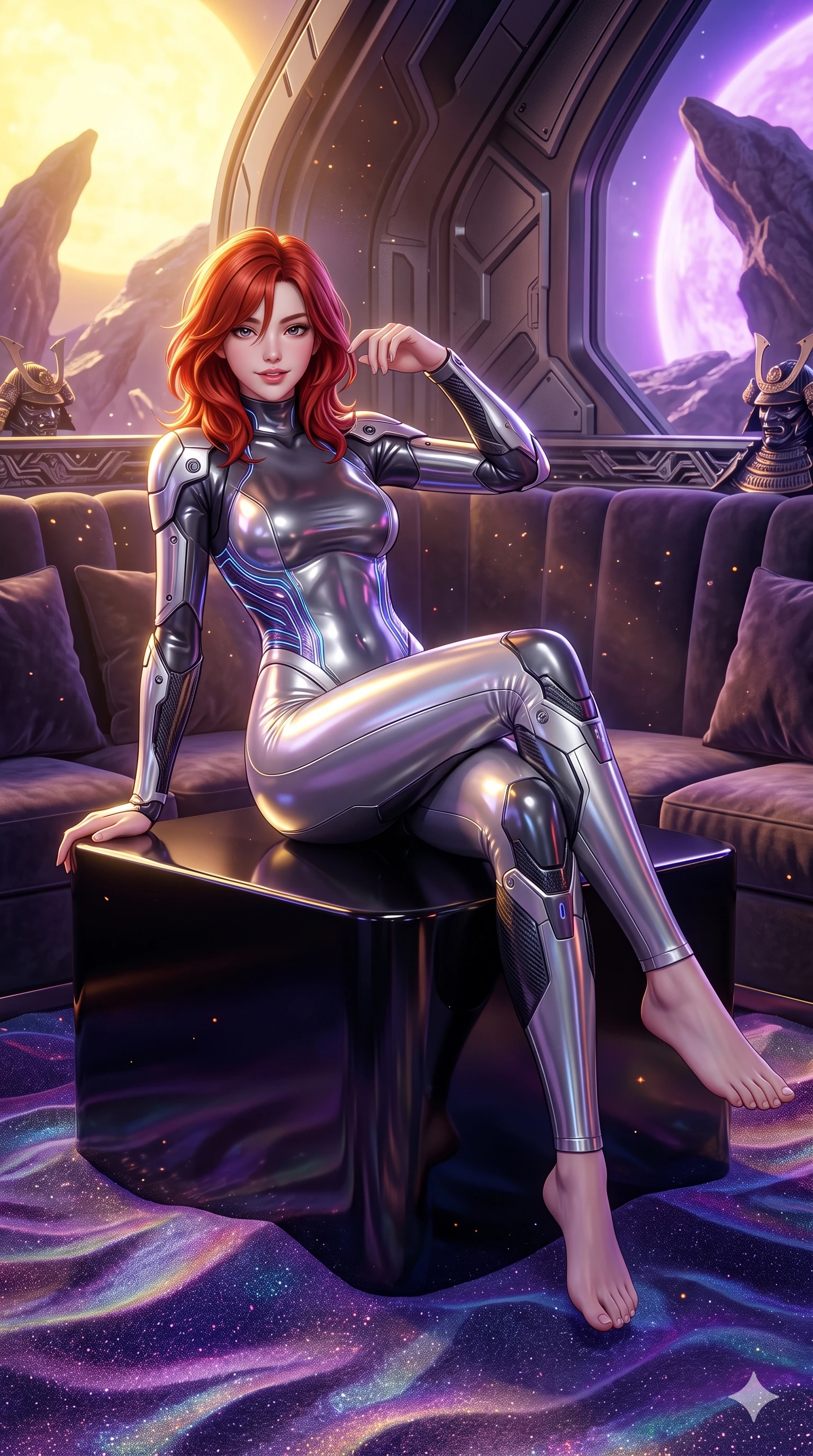 score_9, masterpiece, best quality, ultra-detailed, high-budget anime keyframe, semi-realistic 3D game render, editorial fashion photography, tasteful artistic composition, Korean woman. low angle full-body shot from head to toe showing her feet, filling the entire 9:16 vertical frame with her statuesque presence, stretching her vertical silhouette. lounging in a plush velvet VIP booth propped on one elbow with legs crossed, flashing an intoxicating smile with parted glossy lips while lounging poised on a polished obsidian pedestal with legs crossed, flashing an enchanting smile with parted glossy lips as crystalline sand ripples around her. The surrounding environment is rendered in vivid detail and crisp panoramic clarity: intricate cyber-samurai armor plating, sleek carbon weave, and alien geological formations in razor-sharp precision. She has an absolutely perfect, statuesque 8.5-heads proportion, an exceptionally tall and slender model-like female figure with impossibly long slender legs, an ultra-slim waist, a flat toned midriff, narrow delicate ribcage, and beautifully sculpted feminine hips creating a graceful, slim hourglass silhouette without any bulky heaviness. sharp v-shaped jawline, high-bridge nose, intricate jewel-like sparkling eyes with depth, thick eyelashes, glossy parted lips with a natural sheen, bright confident smile with an enchanting and coquettish sensual glint, exuding both youthful magnetic charm and sovereign high-tech allure, flawlessly proportioned anatomical accuracy, strict slender model proportions, natural body alignment, perfectly sculpted long slender limbs, ultra-slim waistline, clean dynamic posture without body distortion. wearing a body-contouring high-neck metallic cyber-jersey jumpsuit casting radiant starlight shimmer across her flat midriff in metallic graphite and starlight platinum, tailored from ultra-reflective glossy liquid vinyl with mirror-like specular highlights, accented with illuminated micro-fiber optic circuit threads tracing along her ribs and spine, the bespoke structured tailoring following the natural line of her 8.5-heads silhouette with refined elegance. bathed in the dramatic dual illumination of a golden-yellow sun and a violet-dwarf companion star creating double rim lights. highly saturated vibrant anime colors, detailed shading with soft gradients, rich glossy textures, high-contrast stereoscopic depth, volumetric dynamic lighting, master piece, 9:16 ratio