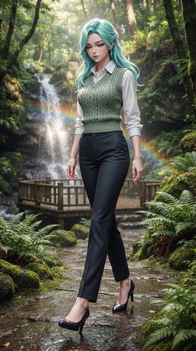 score_9, masterpiece, best quality, ultra-detailed, high-budget anime keyframe, editorial fashion photography, tasteful artistic composition, Japanese woman woman. low angle full-body shot from head to toe showing her feet, filling the entire 9:16 ve