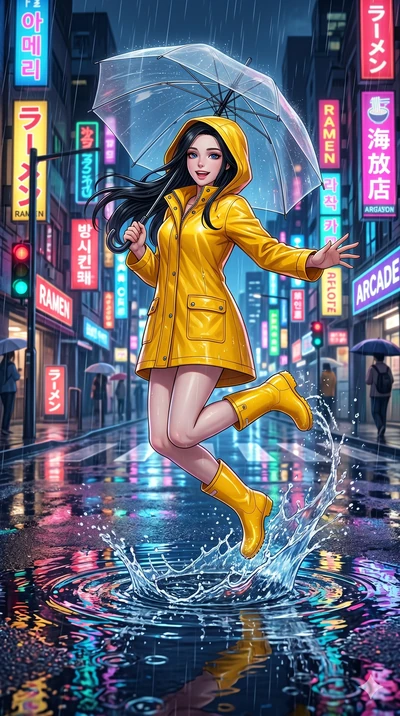 score_9, score_8_up, score_7_up, source_anime, masterpiece, best quality, ultra-detailed, same character with long flowing black hair, wearing a bright yellow raincoat and matching rain boots, full body shot happily jumping in a water puddle holding 