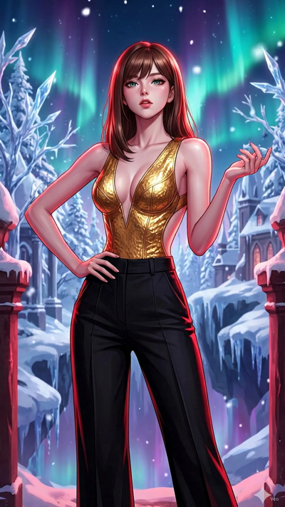 An atmospheric fantasy anime animation. The vibrant green and purple aurora borealis shimmers and waves dynamically across the dark night sky. Soft snowflakes drift down lazily through the cold air, catching the light. The camera executes a slow, maj