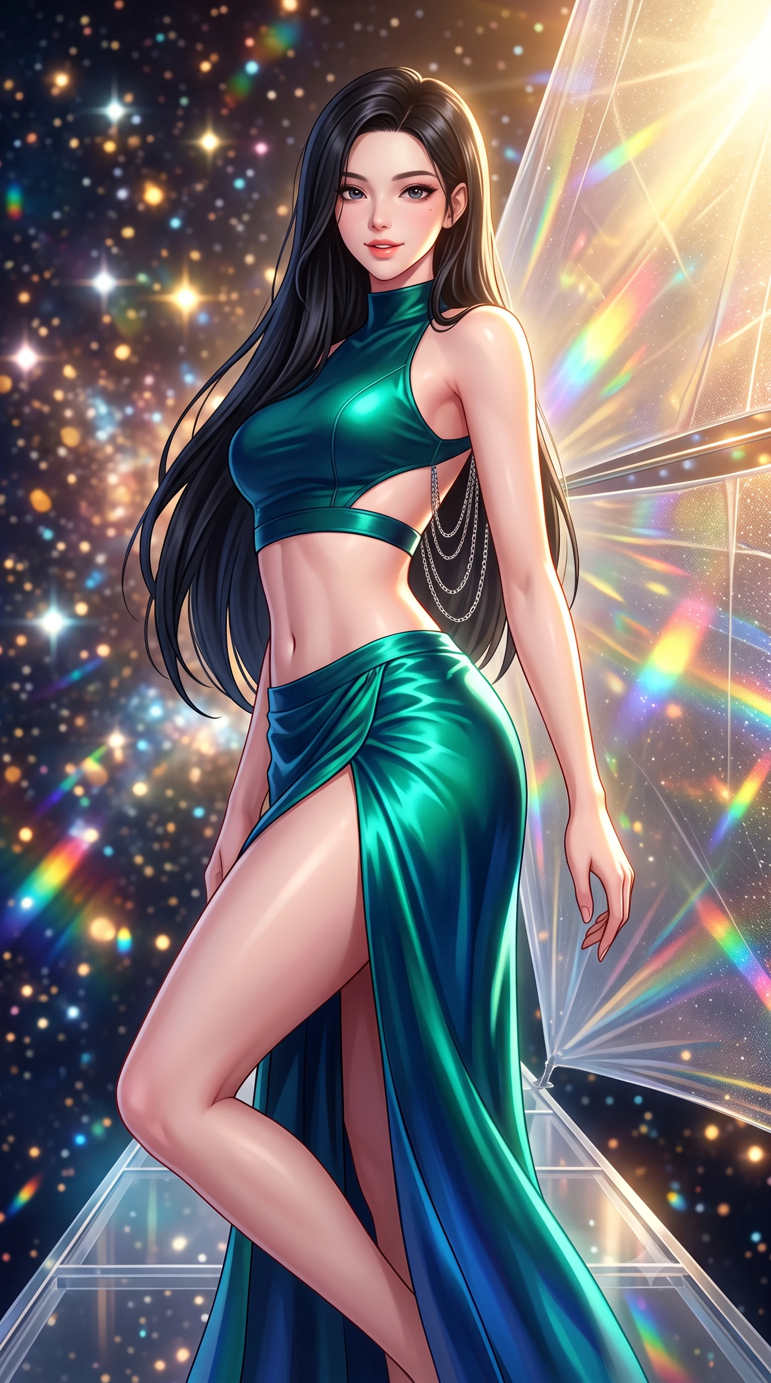 score_9, masterpiece, best quality, ultra-detailed, high-budget anime keyframe, semi-realistic 3D game render, editorial fashion photography, tasteful artistic composition, Korean woman. close-up cowboy shot from the waist and thighs up, the character dominates the composition, filling the frame with her large presence. perched sideways on the lounge seat, one knee drawn up to showcase her slender leg line while her arched back accentuates her feminine hip curve while standing poised on the narrow transparent catwalk beside the monumental 10-kilometer gossamer solar sail, arching her lower back with breathtaking anime heroine charisma as rainbow diffraction patterns shimmer across space. The background shows a soft-focus monumental gossamer solar sail shifting through prismatic rainbow hues, blinding golden sunburst, and deep space star clusters blurred into diamond, gold, and rainbow prismatic bokeh. She has an exceptionally elegant, slender, and willowy female figure with an ultra-slim waist, flat toned midriff, narrow ribcage, and sculpted feminine hips creating an alluring, slim hourglass silhouette without bulk. sharp v-shaped jawline, high-bridge nose, intricate jewel-like sparkling eyes with depth, thick eyelashes, glossy parted lips with a natural peach sheen, bright cheerful beaming smile with an enchanting and coquettish sensual glint, exuding both youthful cute charm and seductive allure, flawlessly proportioned anatomical accuracy, strict slender model proportions, natural body alignment, perfectly sculpted long slender limbs, ultra-slim waistline, clean dynamic posture without body distortion. wearing an alluring tactical crop top with asymmetrical side-rib cutouts and high-neck collar paired with a high-slit wrap skirt in bioluminescent emerald and abyssal sapphire, crafted from fluid liquid silk satin that clings smoothly to her narrow waist and rounded hips with a dewy sheen, accented with an open-back drape framed by falling strands of delicate chrome chains, the high-slit wrap tailoring accentuating her ultra-slim waistline and the enchanting curve of her feminine hips with alluring seductive charm. bathed in blinding warm golden solar radiance filtered through prismatic iridescent nano-films. highly saturated vibrant anime colors, detailed shading with soft gradients, rich glossy textures, high-contrast stereoscopic depth, volumetric dynamic lighting, master piece, 9:16 ratio