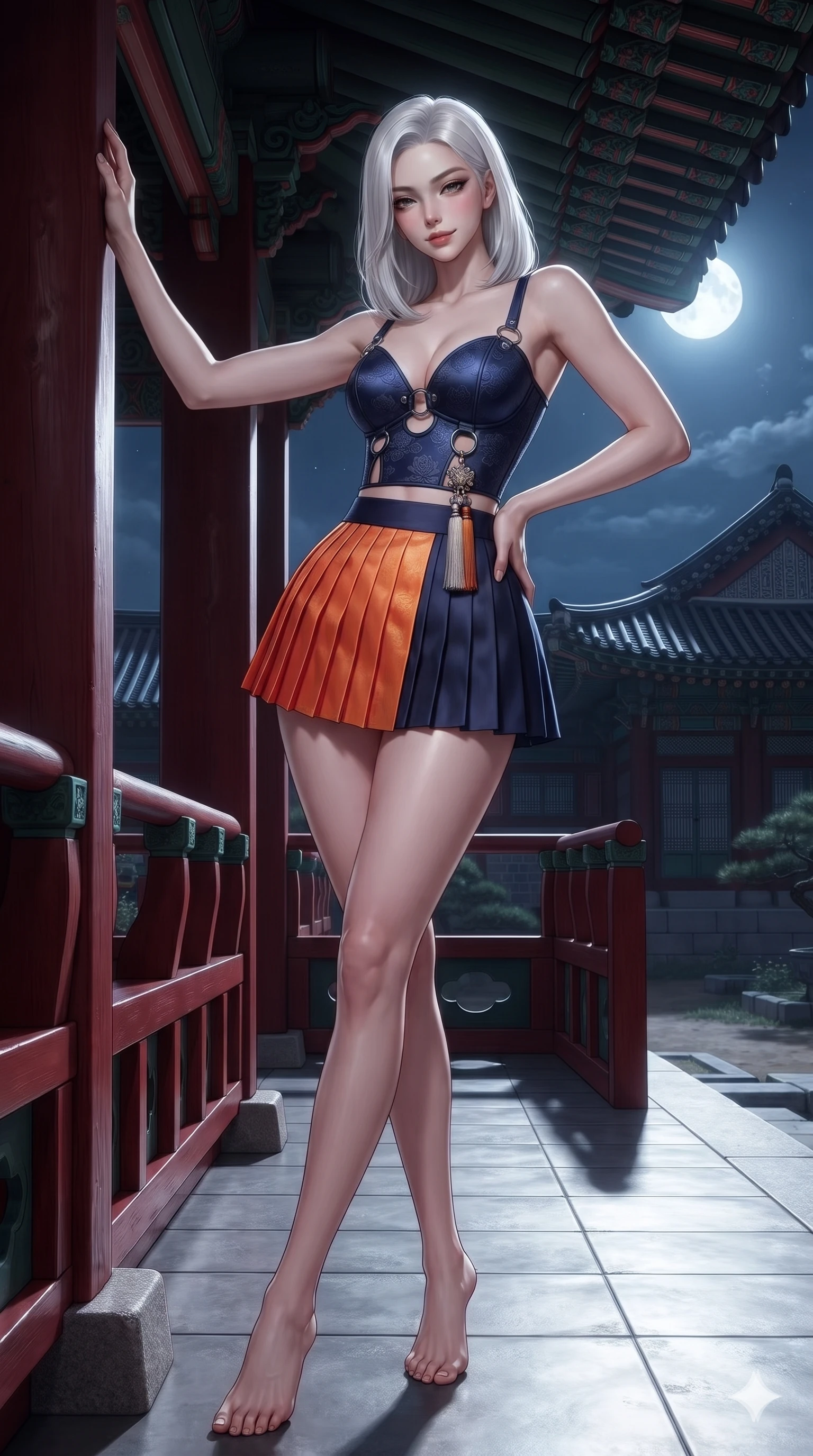 score_9, masterpiece, best quality, ultra-detailed, high-budget anime keyframe, editorial fashion photography, tasteful artistic composition, Korean woman. low angle full-body shot from head to toe showing her feet, filling the entire 9:16 vertical frame with her statuesque presence, stretching her vertical silhouette. standing tall beside the architectural column, one hand resting high while arching her lower back to emphasize her sculpted feminine hips and slender waist while leaning against the red lacquer railing with hips cocked back, looking out into the palace gardens with heavy-lidded bedroom-eyes. The surrounding environment is rendered in vivid detail and crisp panoramic clarity: detailed backless silk halter leotard tailoring, norigae tassel accents, and royal pavilion architecture in razor-sharp precision. She has an absolutely perfect, statuesque 8.5-heads proportion, an exceptionally tall and slender model-like female figure with impossibly long slender legs, an ultra-slim waist, a flat toned midriff, narrow delicate ribcage, and beautifully sculpted feminine hips creating a graceful, slim hourglass silhouette without any bulky heaviness. sharp v-shaped jawline, high-bridge nose, sparkling eyes with hypnotic seductive depth, thick curled eyelashes, glossy parted lips with a natural dewy peach sheen, alluring bedroom-eyes with an enchanting coquettish smile, exuding magnetic siren charisma and sophisticated glamour, flawlessly proportioned anatomical accuracy, strict slender model proportions, natural body alignment, perfectly sculpted long slender limbs, ultra-slim waistline, clean dynamic posture without body distortion. wearing a modern boned hanbok bustier top with norigae tassel paired with an ultra-short micro-pleated silk wrap mini skirt in sunset tangerine orange and deep navy indigo, tailored from rich silk jacquard with subtle embossed lotus blossom patterns, accented with sculptural chrome hardware rings framing the subtle cutouts, the liquid-tight tailored fabric clinging flawlessly to her narrow waist and rounded feminine hips, emphasizing every millimeter of her sculpted slim hourglass curves without any bulky heaviness. bathed in high-contrast full-moon light streaming horizontally between veranda pillars. ultra-reflective glossy finish, specular highlights, rich textural contrasts, high-contrast stereoscopic depth, volumetric dynamic lighting, 2k, ultra detail, master piece, 9:16 ratio