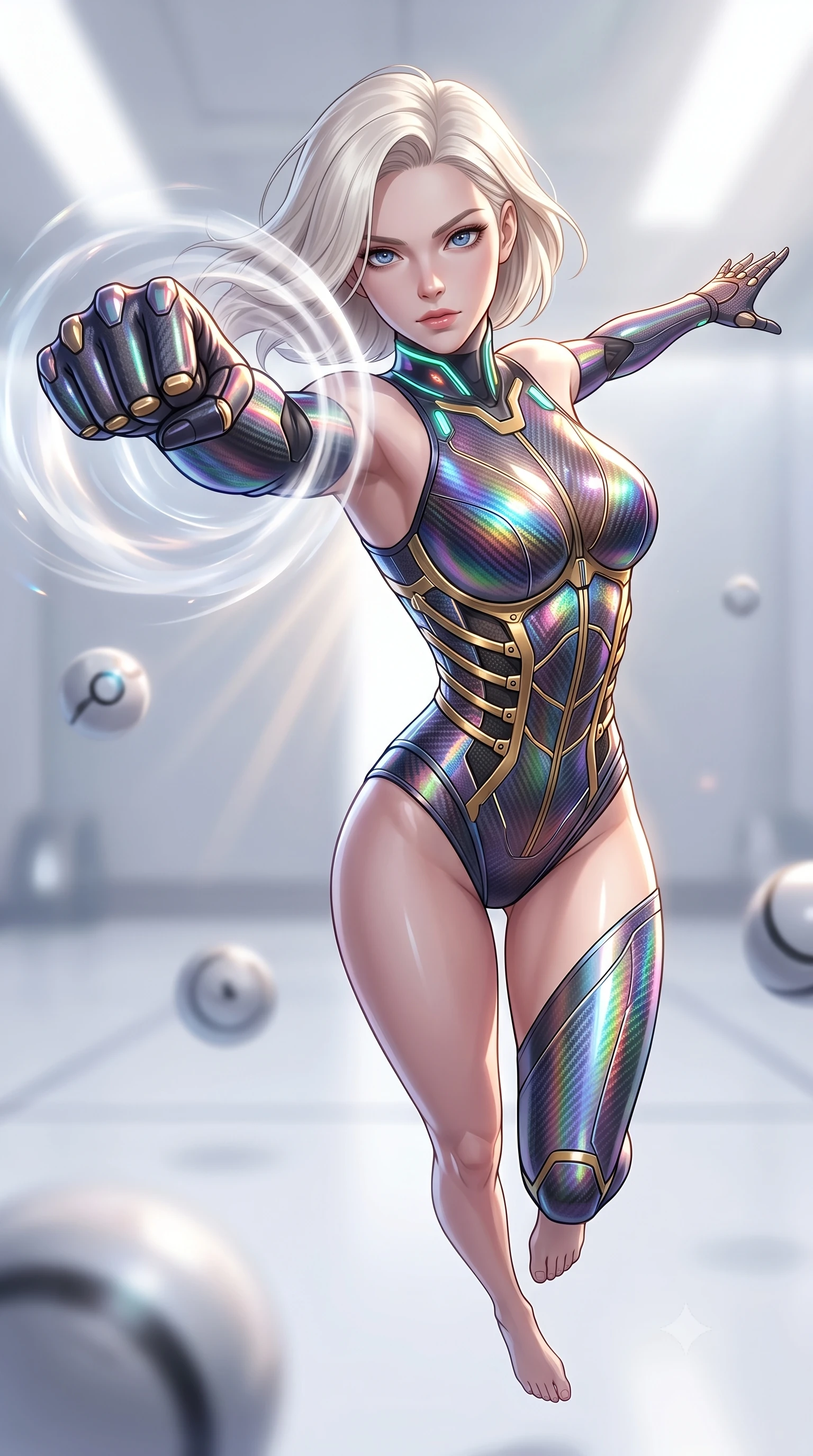 score_9, masterpiece, best quality, ultra-detailed, high-budget anime keyframe, semi-realistic 3D game render, editorial fashion photography, tasteful artistic composition, Caucasian woman. close-up cowboy shot from the waist and thighs up, the character dominates the composition, filling the frame with her large presence. thrusting a high-speed kinetic punch toward the camera, a visible conical shockwave distortion wrapping around her sleek carbon forearm while arching her back gracefully in zero-gravity with arms outstretched in fluid kinetic tension as solar rays trace her torso. The composition keeps background elements in soft focus with creamy bokeh. minimalist quartz dojo pillars and floating zero-G training spheres softened in smooth atmospheric depth of field. She has an exceptionally elegant, slender, and willowy female figure with an ultra-slim waist, a gracefully sculpted slender torso, toned flat midriff, and a refined slim silhouette. sharp v-shaped jawline, high-bridge nose, intricate jewel-like eyes with depth, thick eyelashes, glossy lips with a natural sheen, flawlessly proportioned anatomical accuracy, strict slender model proportions, natural body alignment, perfectly sculpted long slender limbs, ultra-slim waistline, clean dynamic posture without body distortion. wearing a precision-tailored high-fashion carbon-fiber corset bodysuit with gold mechanical rib boning and kinetic shock-dampening palms in high-gloss iridescent rainbow carbon with prism holographic sheen, crafted from semi-translucent cybernetic carbon-vinyl interwoven with glowing micro-filaments, featuring a sleek aerodynamic collar framed by subtle glowing cybernetic status LEDs, the liquid-tight tailored fabric emphasizing every curve of her tall, slender model proportions and sculptured silhouette during dynamic movement. illuminated by crisp white key light and sharp specular highlights tracing her ultra-slim waist and long legs. rich saturated anime colors with glowing neon highlights, detailed shading with soft gradients, rich glossy textures, high-contrast stereoscopic depth, volumetric dynamic lighting, master piece, 9:16 ratio
