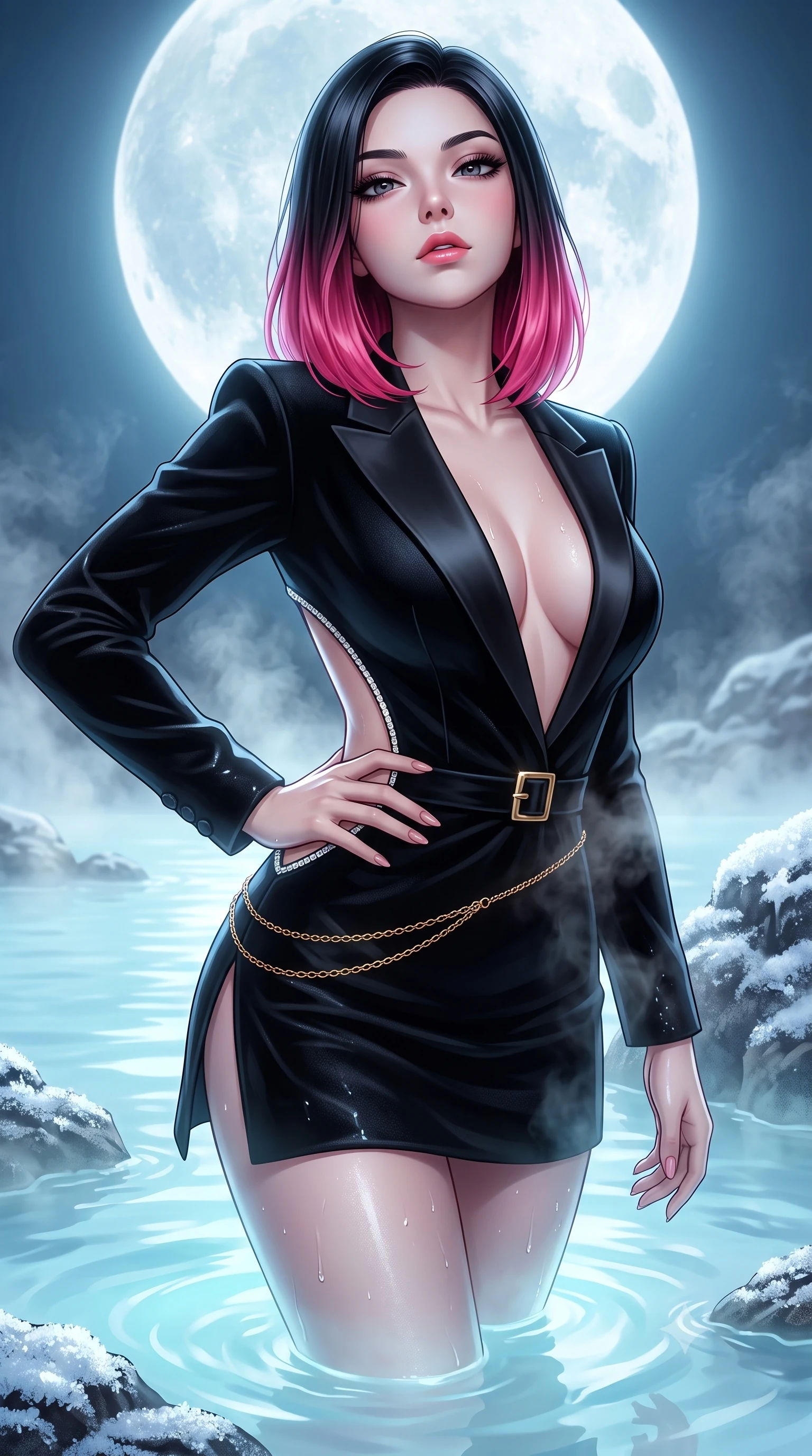 score_9, masterpiece, best quality, ultra-detailed, high-budget anime keyframe, semi-realistic 3D game render, editorial fashion photography, tasteful artistic composition, Korean woman. close-up cowboy shot from the waist and thighs up, the character dominates the composition, filling the frame with her large presence. tilting her chin up with proud, sovereign allure while gazing through thick eyelashes, one hand resting on her waist in pure supermodel charisma while wading through the milky-blue thermal mineral water beneath the full moon, arching her spine in pure pleasure as steam curls around her waist. The surrounding environment is rendered in vivid detail and crisp panoramic clarity. detailed silica mineral water ripples, wet fabric sheen, and frosty snow crystals in high resolution. She has an exceptionally elegant, slender, and willowy female figure with an ultra-slim waist, flat toned midriff, narrow ribcage, and sculpted feminine hips creating an alluring, slim hourglass silhouette without bulk. sharp v-shaped jawline, high-bridge nose, intricate jewel-like eyes with depth, thick eyelashes, glossy parted lips with a natural sheen, intensely captivating and seductive bedroom-eyes expression, flawlessly proportioned anatomical accuracy, strict slender model proportions, natural body alignment, perfectly sculpted long slender limbs, ultra-slim waistline, clean dynamic posture without body distortion. wearing a tailored velvet tuxedo jacket dress with satin lapels, worn with a deep plunge neckline and gold hip buckle in pitch-black velvet with diamond crystal trim, made of fluid silk crepe with delicate inner corsetry boning, accented with a delicate gold chain belt resting loosely on her curvy hips, the precision-cut side openings and low-back scoop framing her graceful spine and the sensual sweep of her slim, toned hips. bathed in soft underwater milky-cyan LED lagoon illumination and cool silver full-moon light from above. highly saturated vibrant anime colors, detailed shading with soft gradients, rich glossy textures, high-contrast stereoscopic depth, volumetric dynamic lighting, master piece, 9:16 ratio