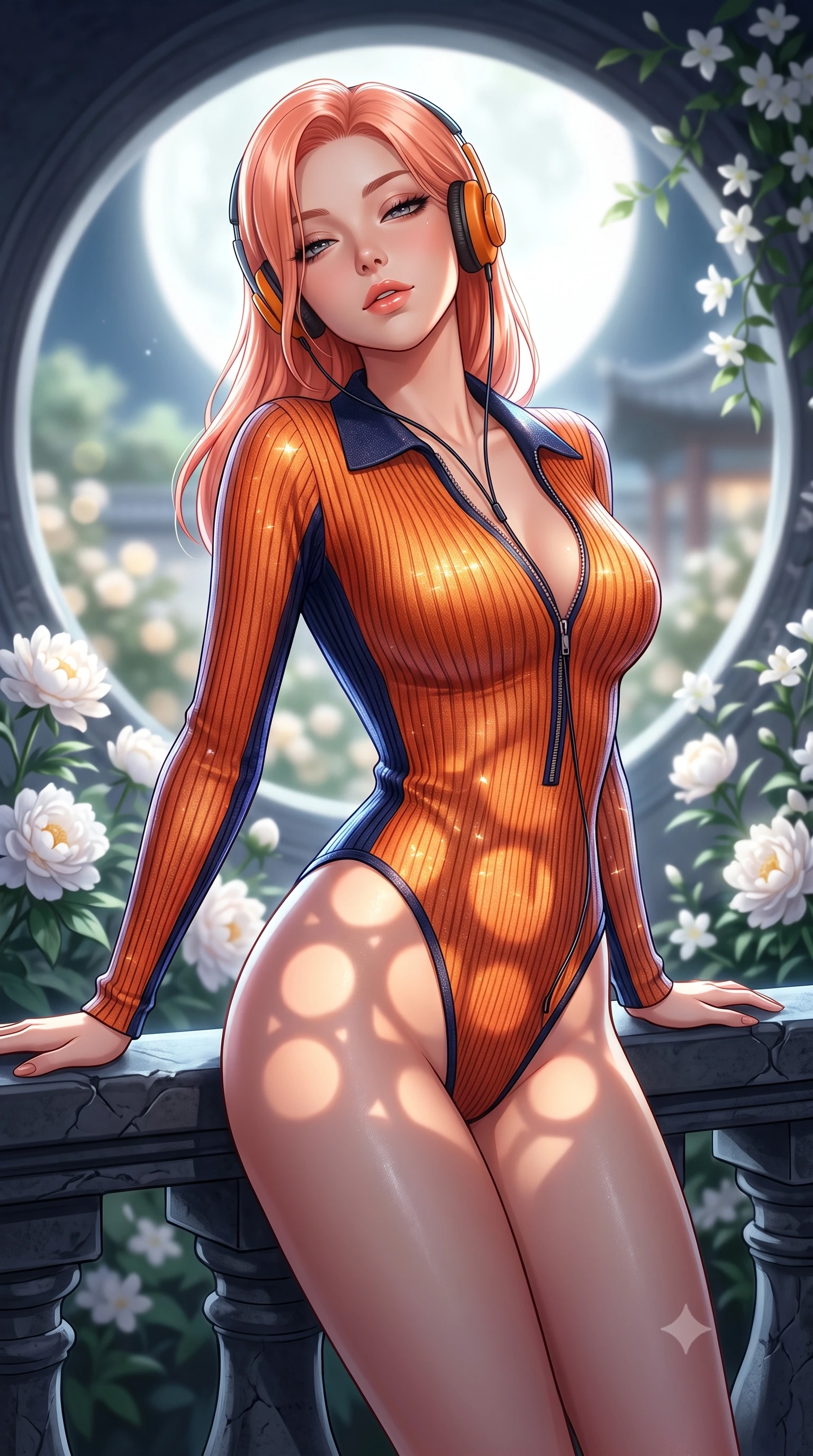 score_9, masterpiece, best quality, ultra-detailed, high-budget anime keyframe, semi-realistic 3D game render, editorial fashion photography, tasteful artistic composition, Japanese woman. close-up cowboy shot from the waist and thighs up, the character dominates the composition, filling the frame with her large presence. leaning back against the balustrade with relaxed seductive grace, head tilted back slightly while casting a hypnotic, heavy-lidded gaze while twisting her slender torso in an alluring S-curve, midnight moonlight casting geometric circular shadows over her waist and hips. The background shows a soft-focus clusters of night-blooming white peonies, climbing jasmine, and distant palace courtyards blurred into cream, emerald, and silver bokeh. She has an exceptionally elegant, slender, and willowy female figure with an ultra-slim waist, flat toned midriff, narrow ribcage, and sculpted feminine hips creating an alluring, slim hourglass silhouette without bulk. sharp v-shaped jawline, high-bridge nose, sparkling eyes with hypnotic seductive depth, thick curled eyelashes, glossy parted lips with a natural dewy peach sheen, alluring bedroom-eyes with an enchanting coquettish smile, exuding magnetic siren charisma and sophisticated glamour, flawlessly proportioned anatomical accuracy, strict slender model proportions, natural body alignment, perfectly sculpted long slender limbs, ultra-slim waistline, clean dynamic posture without body distortion. wearing a retro-chic ribbed knit polo bodysuit with a plunging front zipper and high-cut leg openings in sunset tangerine orange and deep navy indigo, woven from stretch metallic lurex jersey casting radiant starlight glints across her silhouette, complemented by a retro cassette walkman with vintage foam-padded orange headphones, the liquid-tight tailored fabric clinging flawlessly to her narrow waist and rounded feminine hips, emphasizing every millimeter of her sculpted slim hourglass curves without any bulky heaviness. bathed in pure lunar illumination streaming directly through the circular moon gate opening. highly saturated vibrant anime colors, detailed shading with soft gradients, rich glossy textures, high-contrast stereoscopic depth, volumetric dynamic lighting, master piece, 9:16 ratio